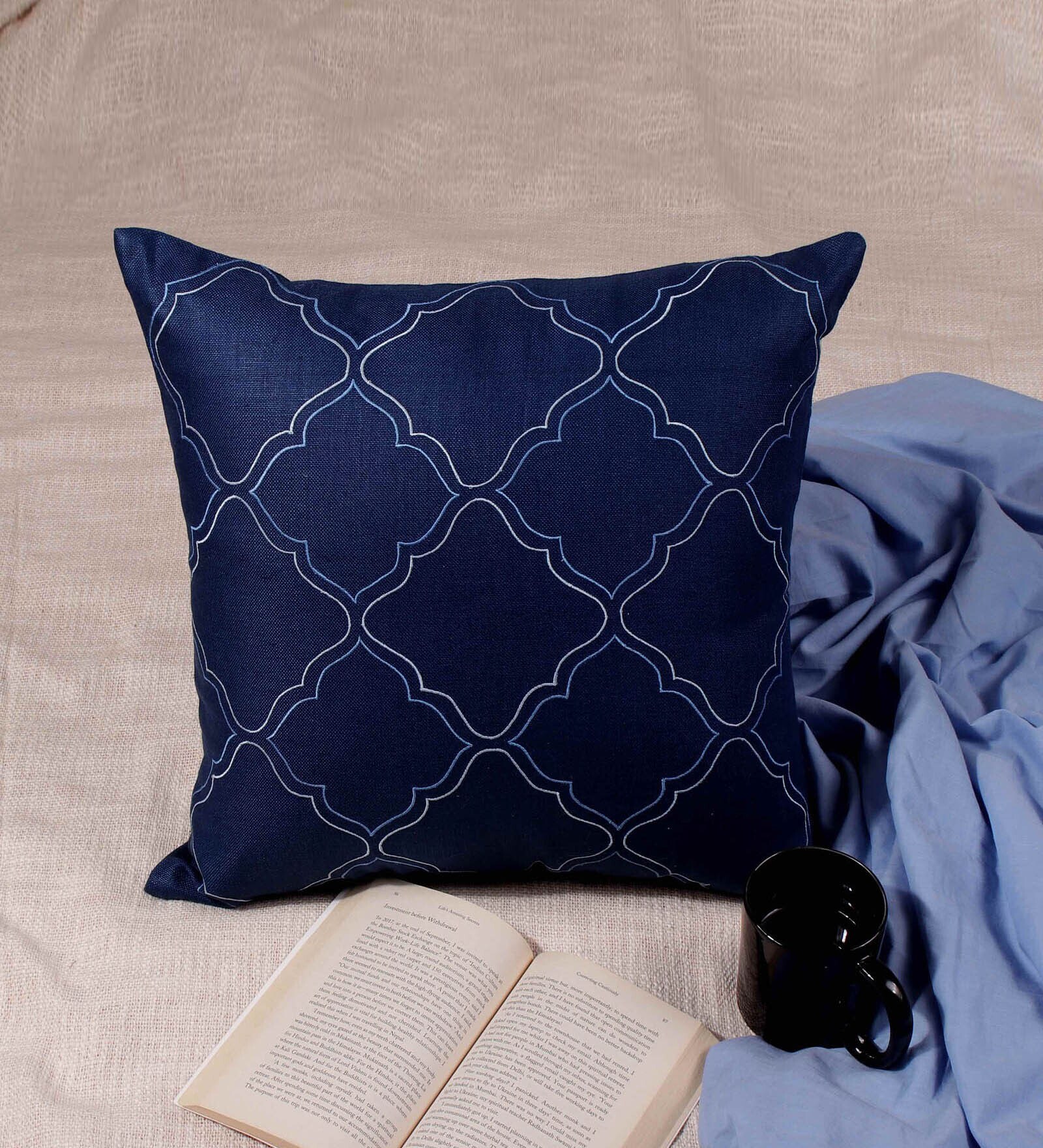 Buy Navy Blue Textured Blended Linen 16 x 16 Inches Embroidered Cushion