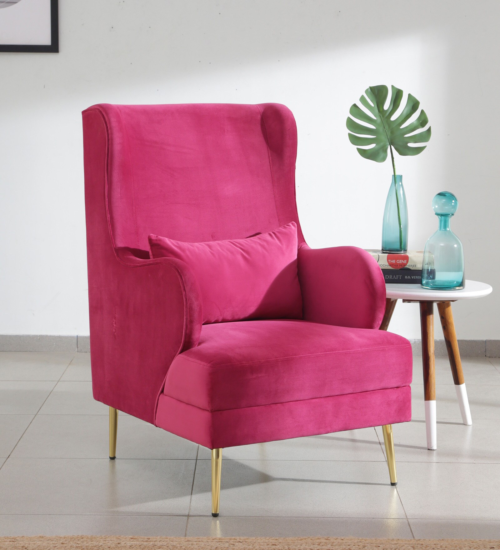 Buy Nicco Velvet Wing Chair In Pink Colour Online Wing Chairs Wing