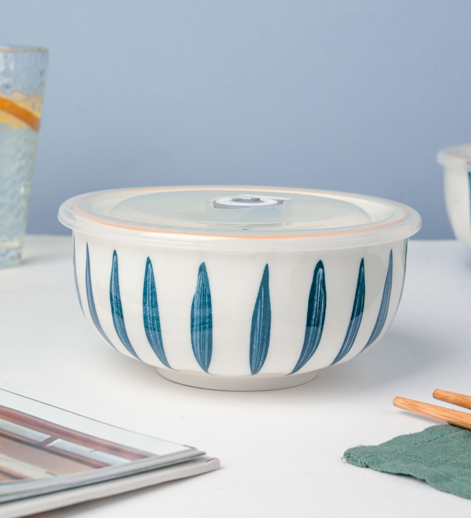 Buy Nitori Stripped 650ml White & Blue Ceramic Serving Bowl with Lid
