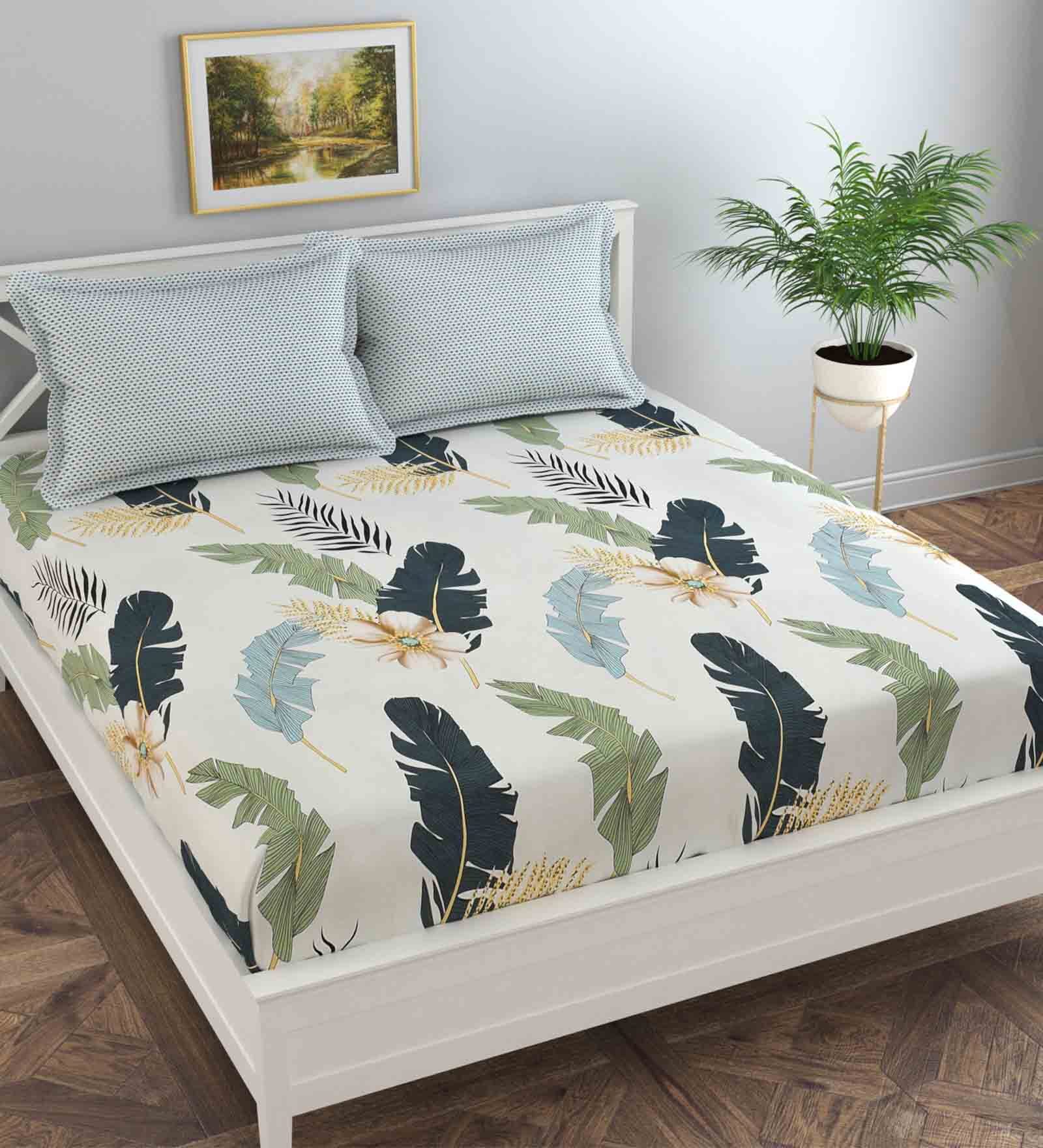 Buy Off White Floral 130 TC Poly Cotton Queen Sized Bed Sheets with 2