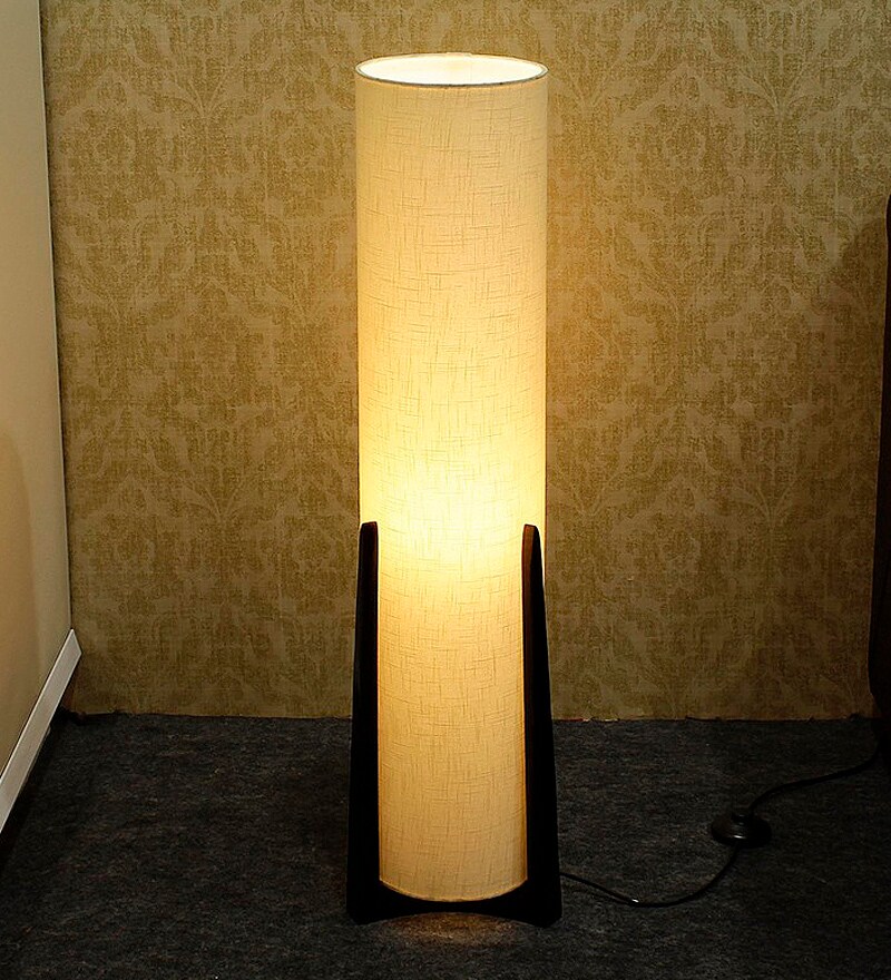 Buy Baguio White Fabric Shade Floor Lamp With Wood Base By