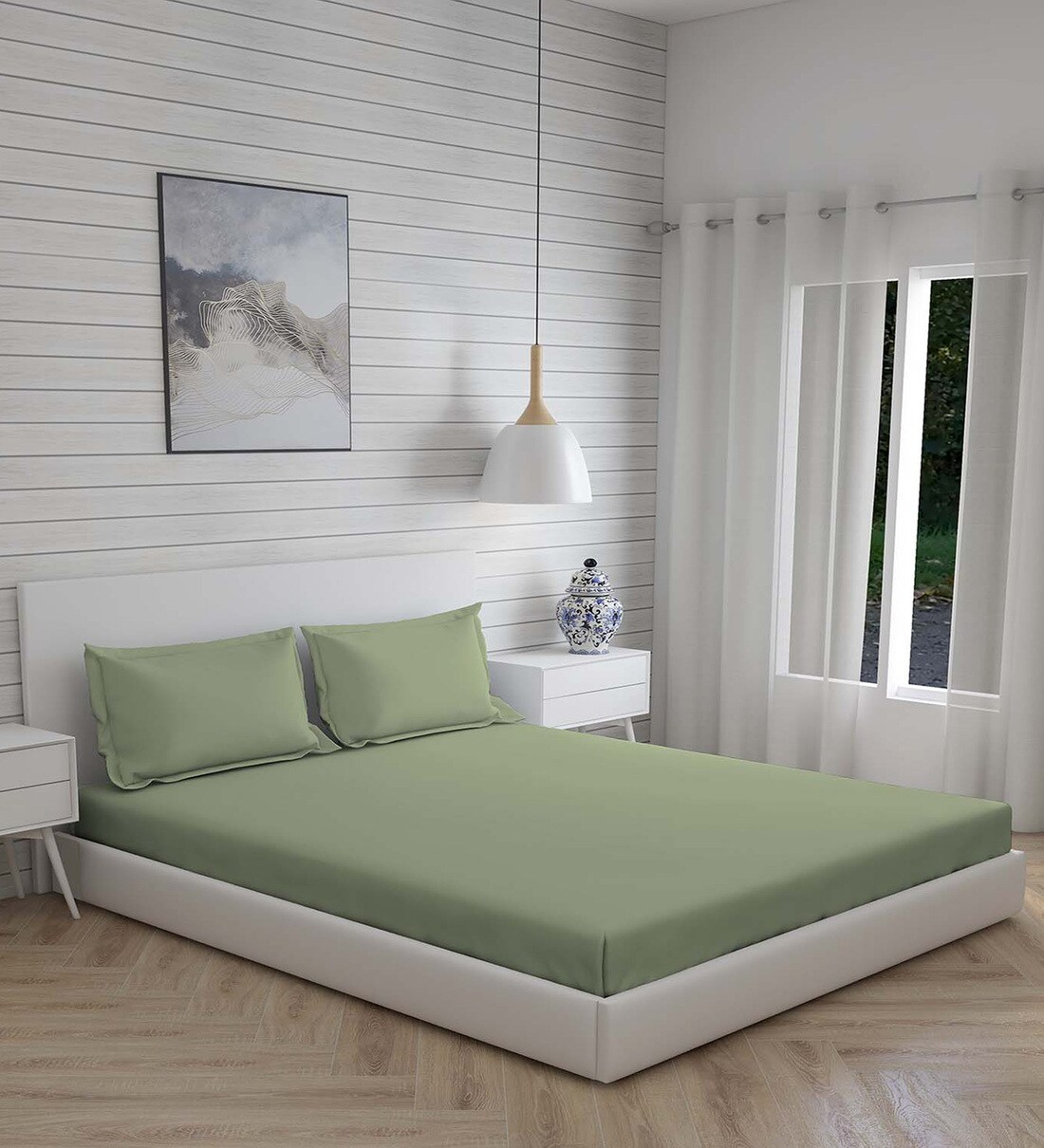 Buy Olive Solid 300 TC Cotton King Sized Bed Sheets with 2 Pillow