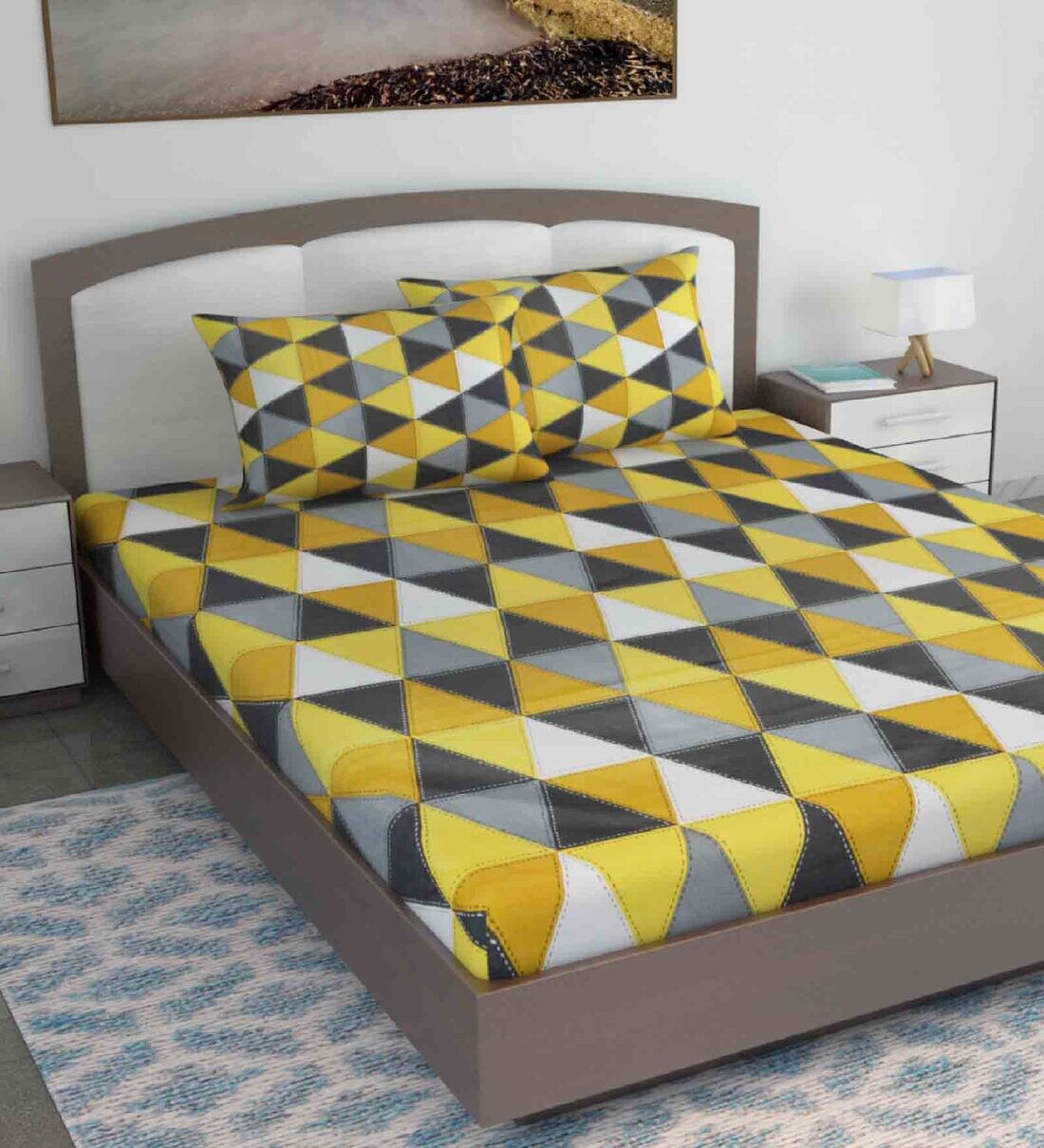 Buy Yellow Geometric 144 TC Cotton King Sized Bed Sheets with 2 Pillow