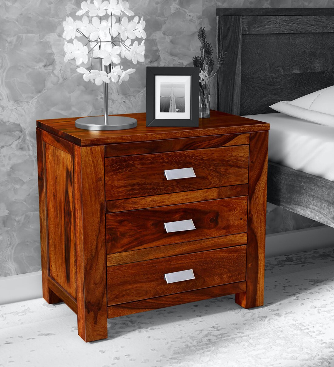 Buy Oriel Sheesham Wood Bedside Chest in Honey oak Finish Online