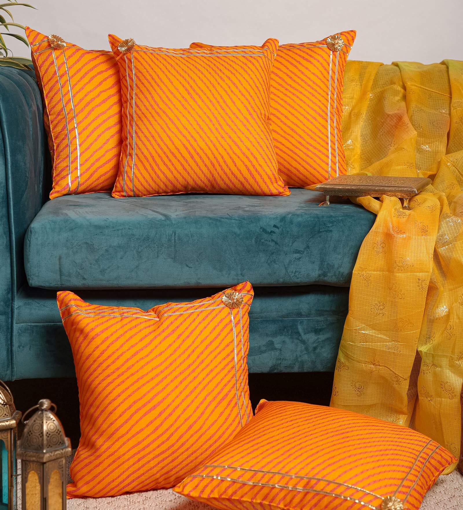 Buy Orange Striped Cotton 12 x 20 Inches Cushion Covers (Set of 5) by