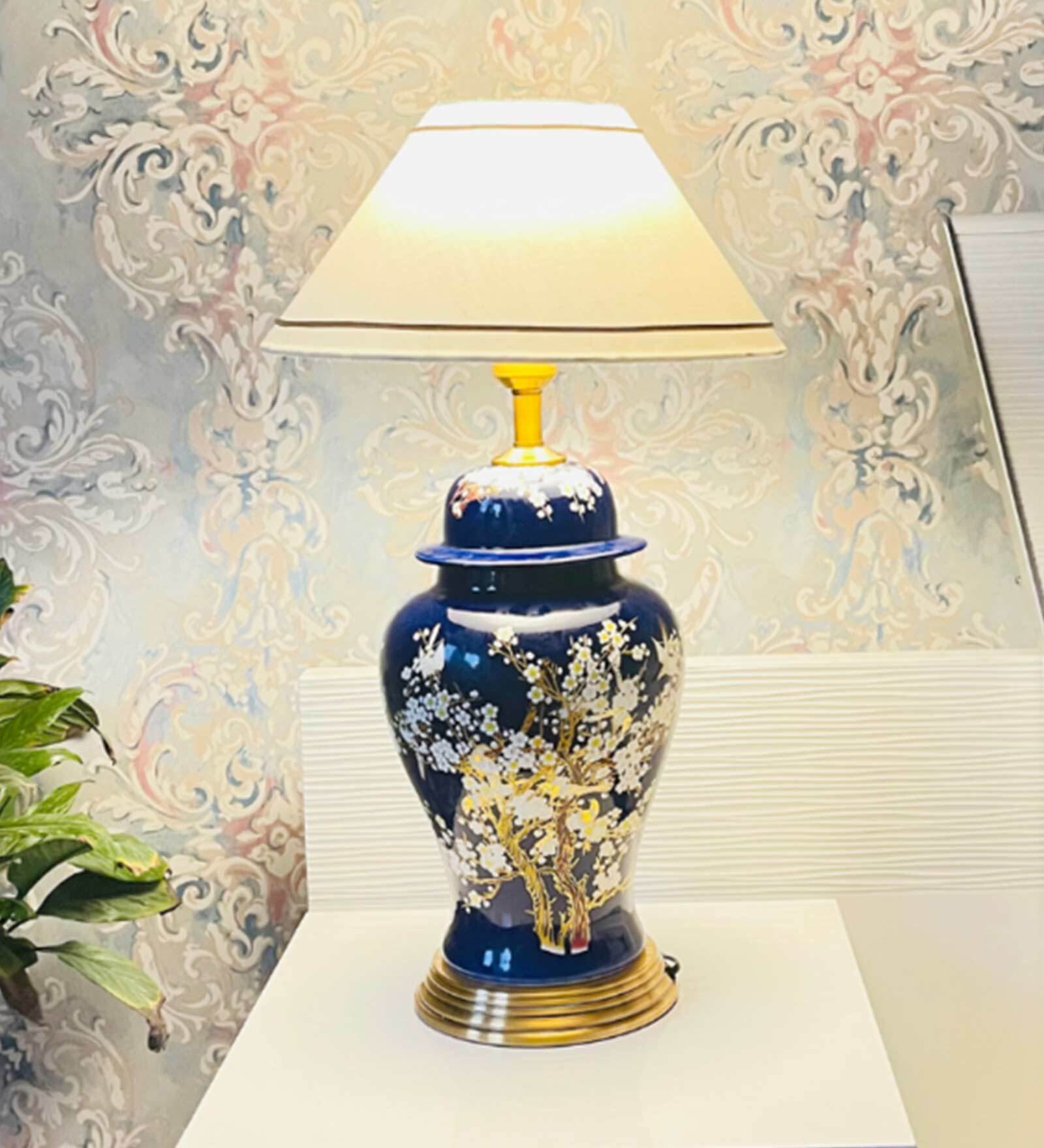 Buy Oriental Floral Ceramic Lamp White Cloth Shade with Ceramic Base by