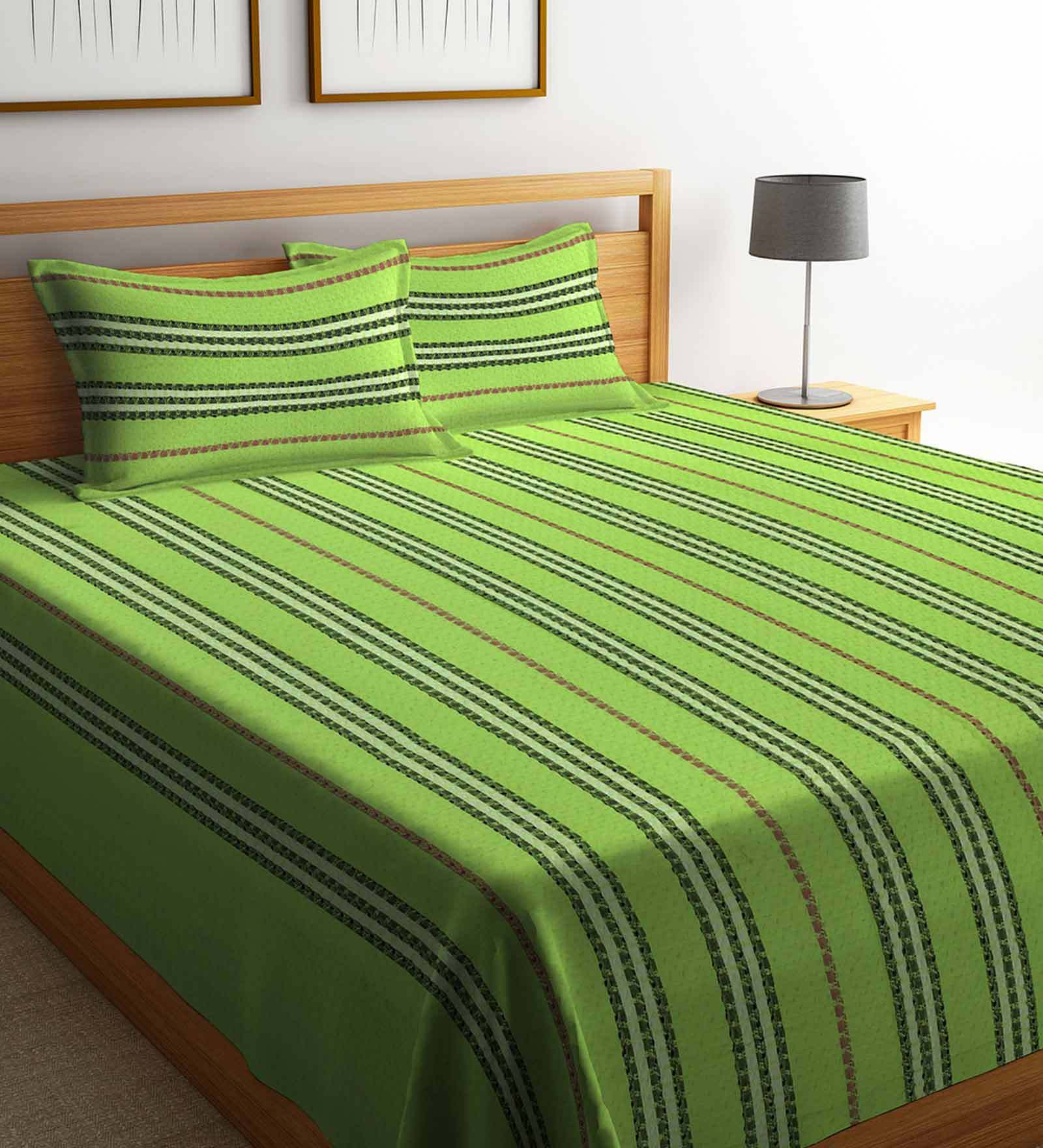 Buy Green Geometric 300 TC Cotton Double Bed Cover with 2 Pillow Covers