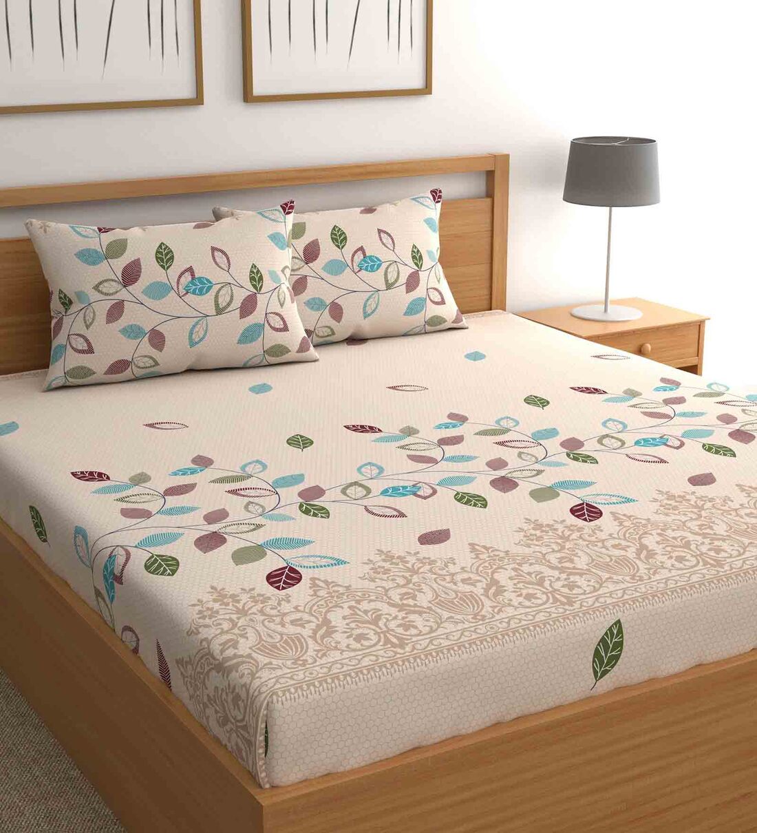 Beige Floral Leafy Bohemya 160 TC Microfiber Queen Sized Bedsheet with 2 Pillow Covers, By CG HOMES 