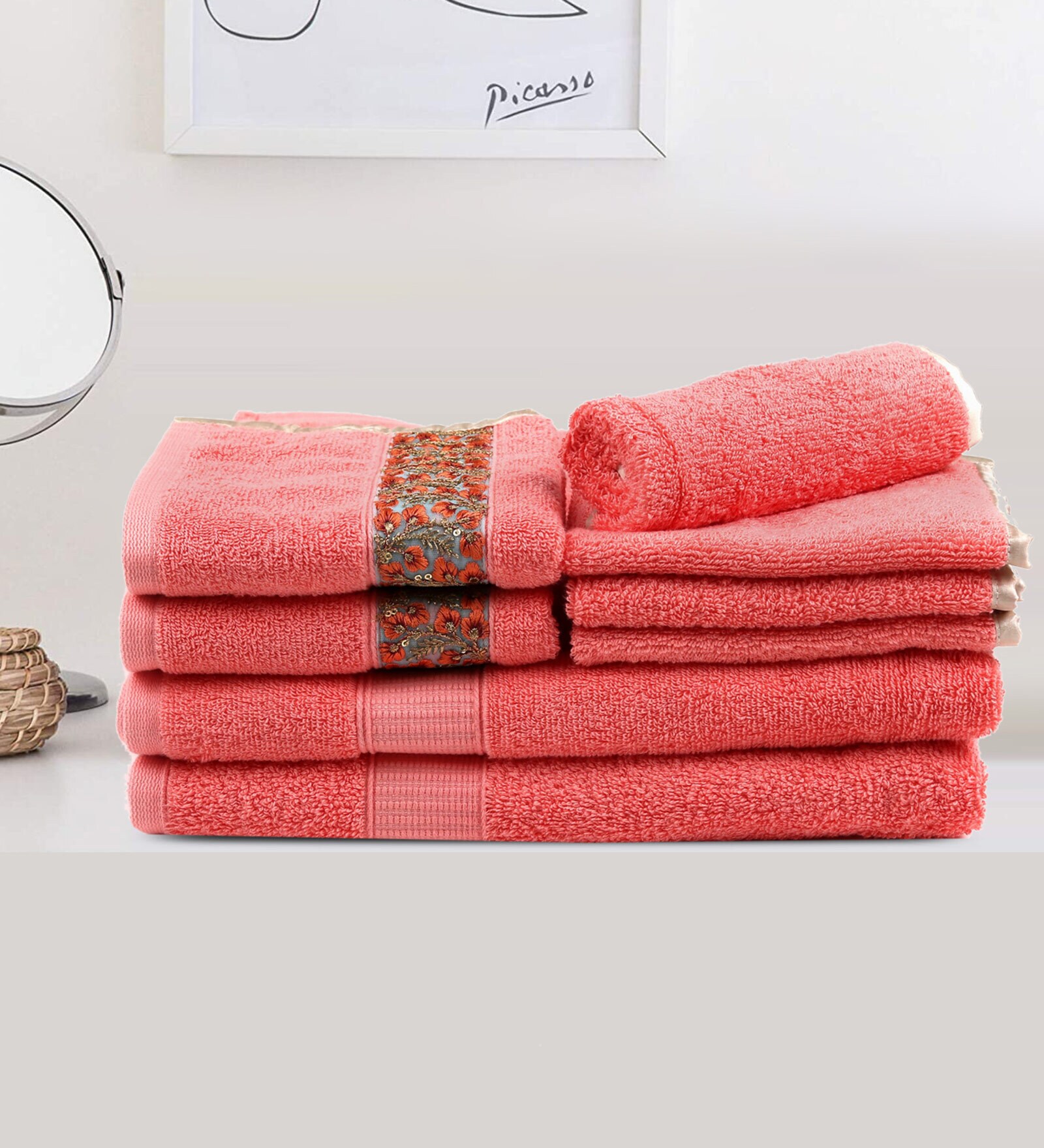Buy Peach Solid 500 GSM Cotton Towel Sets (Set of 8) by LUSH & BEYOND at 62 OFF by LUSH