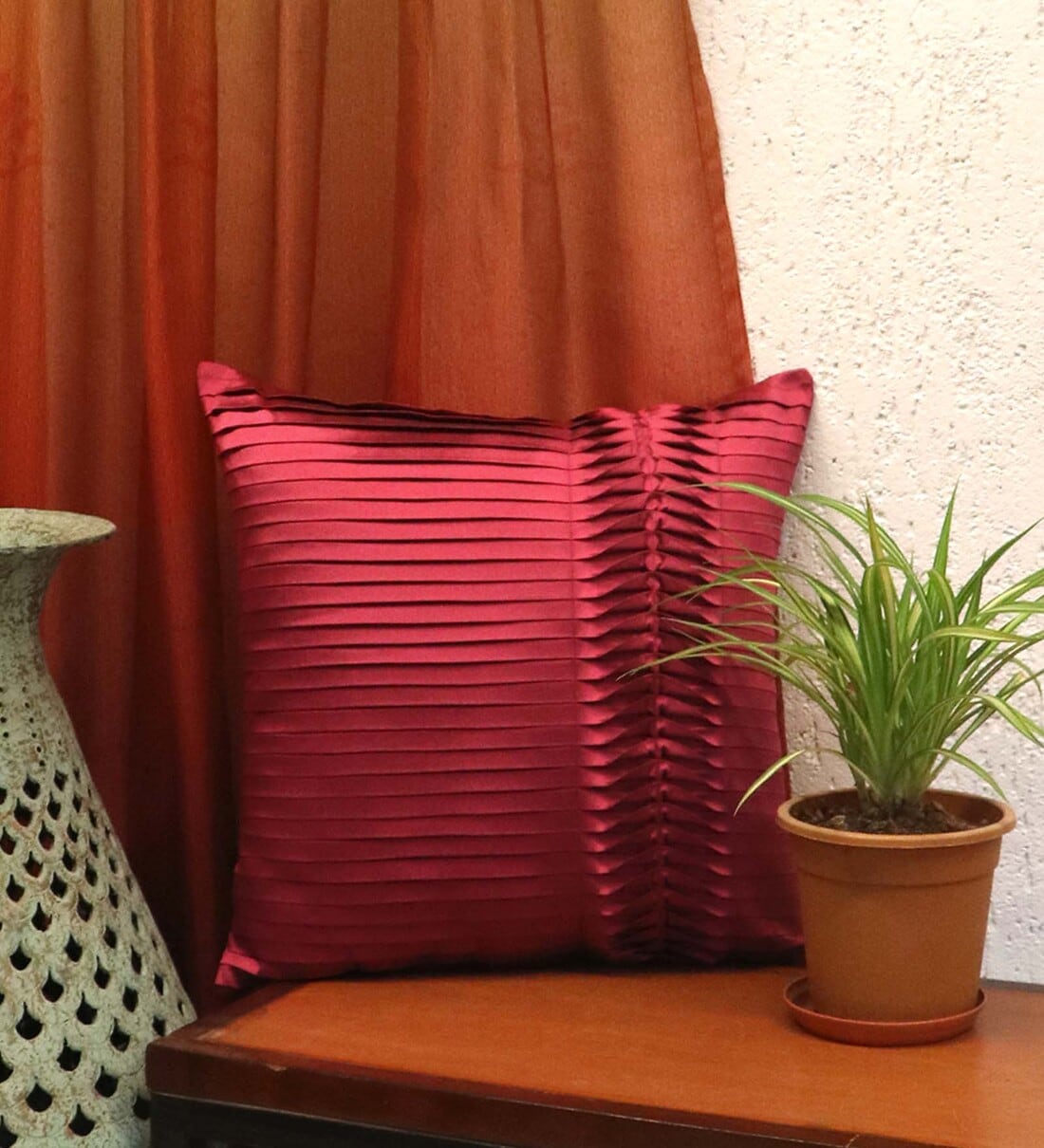 Buy Pink Textured Polyester 16 x 16 Inch Cushion Cover by Zeba at 19