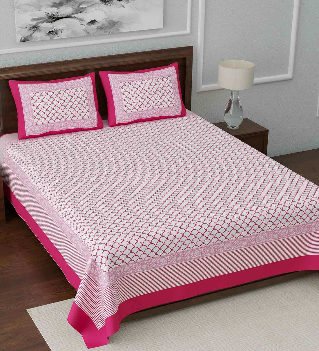 Buy Pink Geometric 108 TC Cotton King Sized Bed Sheets with 2 Pillow