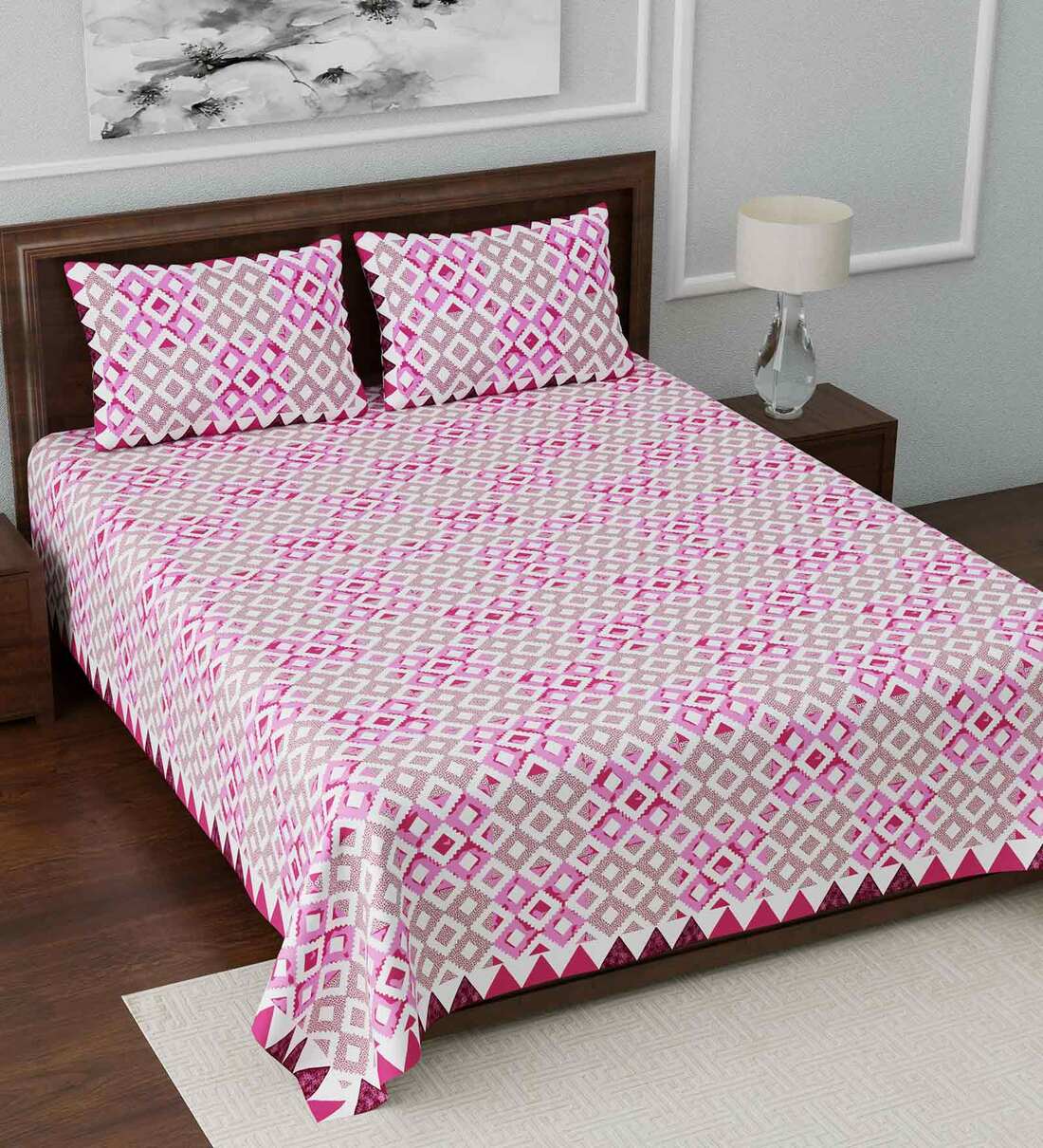 Buy Pink Geometric 108 TC Cotton King Sized Bed Sheets with 2 Pillow ...