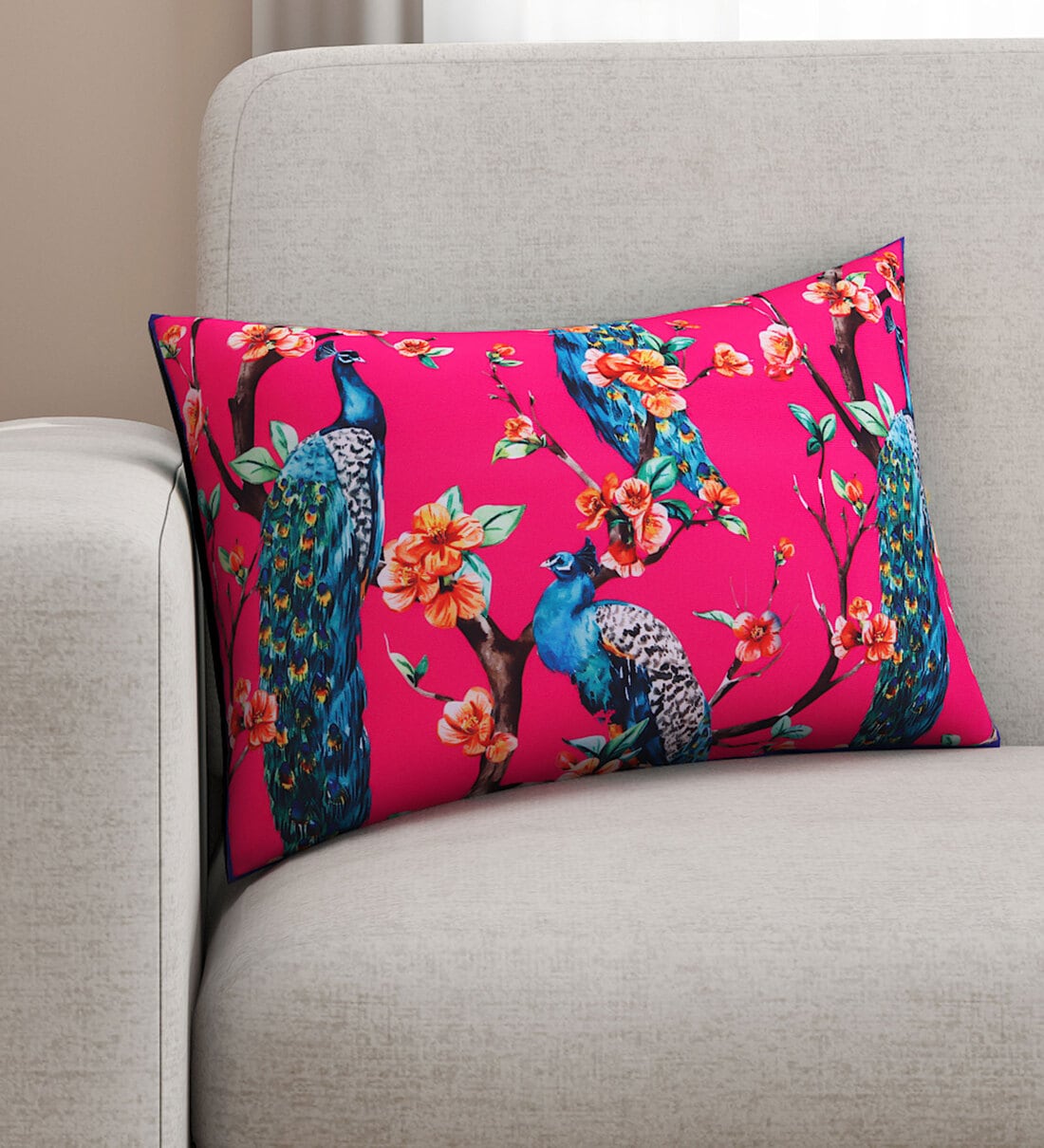 Buy Pink & Black Floral Poly Cotton 18 x 12 Inches Cushion Cover by SEJ By Nisha Gupta Online