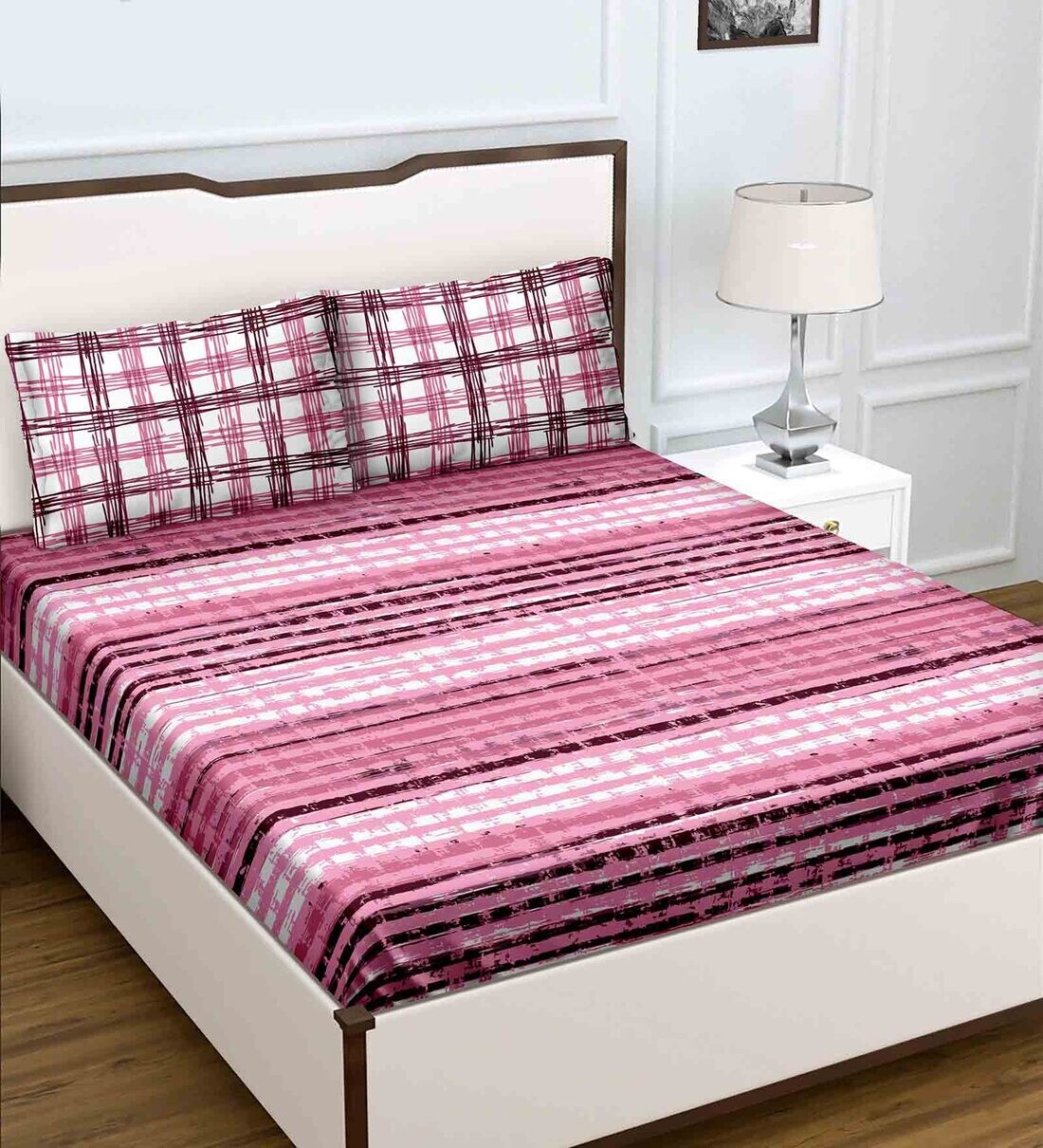 Buy Pink Checkered 180 TC Cotton Queen Sized Bed Sheets with 2 Pillow
