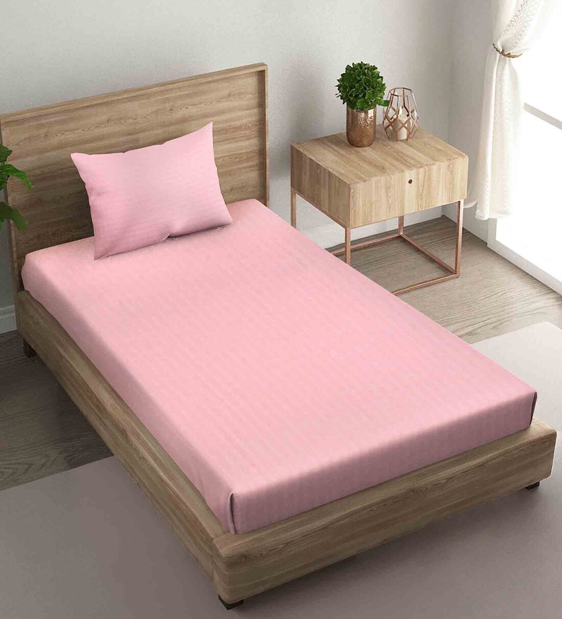 Buy Pink Striped 210 TC Satin Single Bed Sized Bed Sheets With 1 Pillow