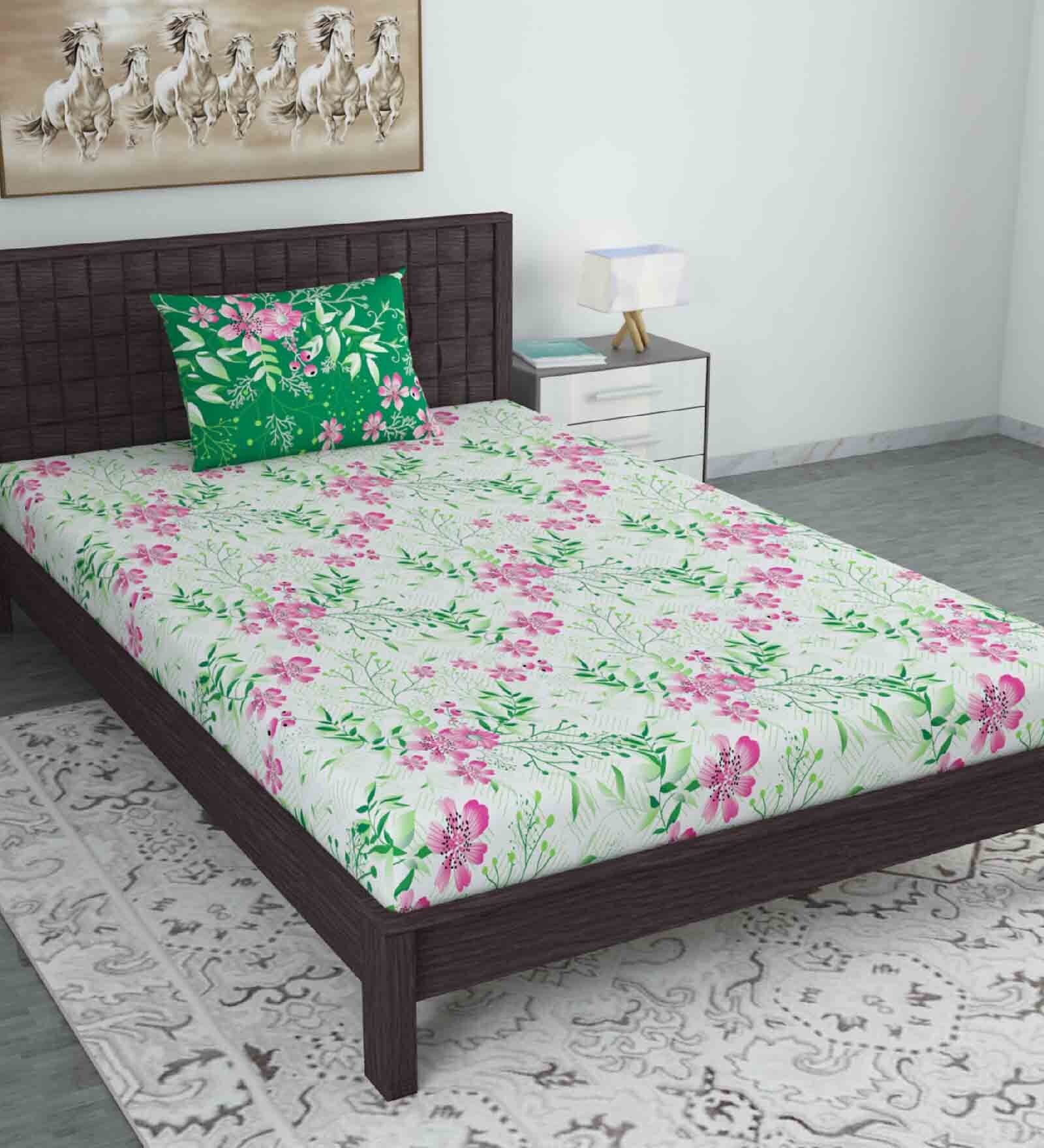 Buy Pink Floral 144 TC Cotton Single Bed Sized Bed Sheets With 1 Pillow