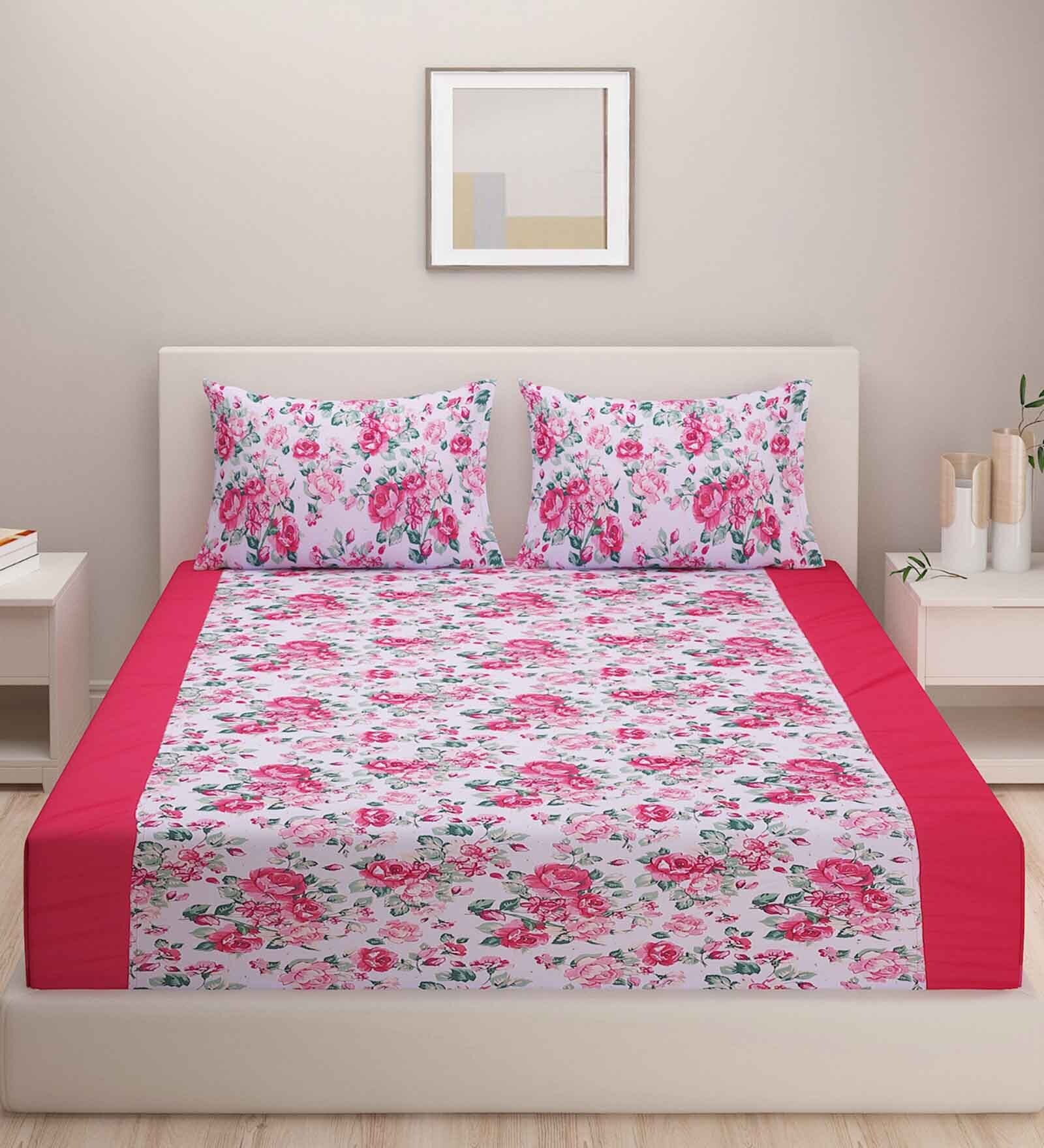 Buy Pink 200 TC Floral Print Cotton Single Bed Sheet with 1 Pillow Cover by Swayam at 35 OFF by