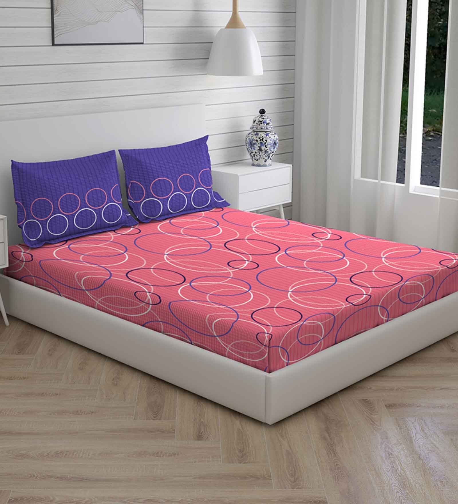 Buy Pink Geometric 104 TC Cotton Queen Sized Bed Sheets with 2 Pillow
