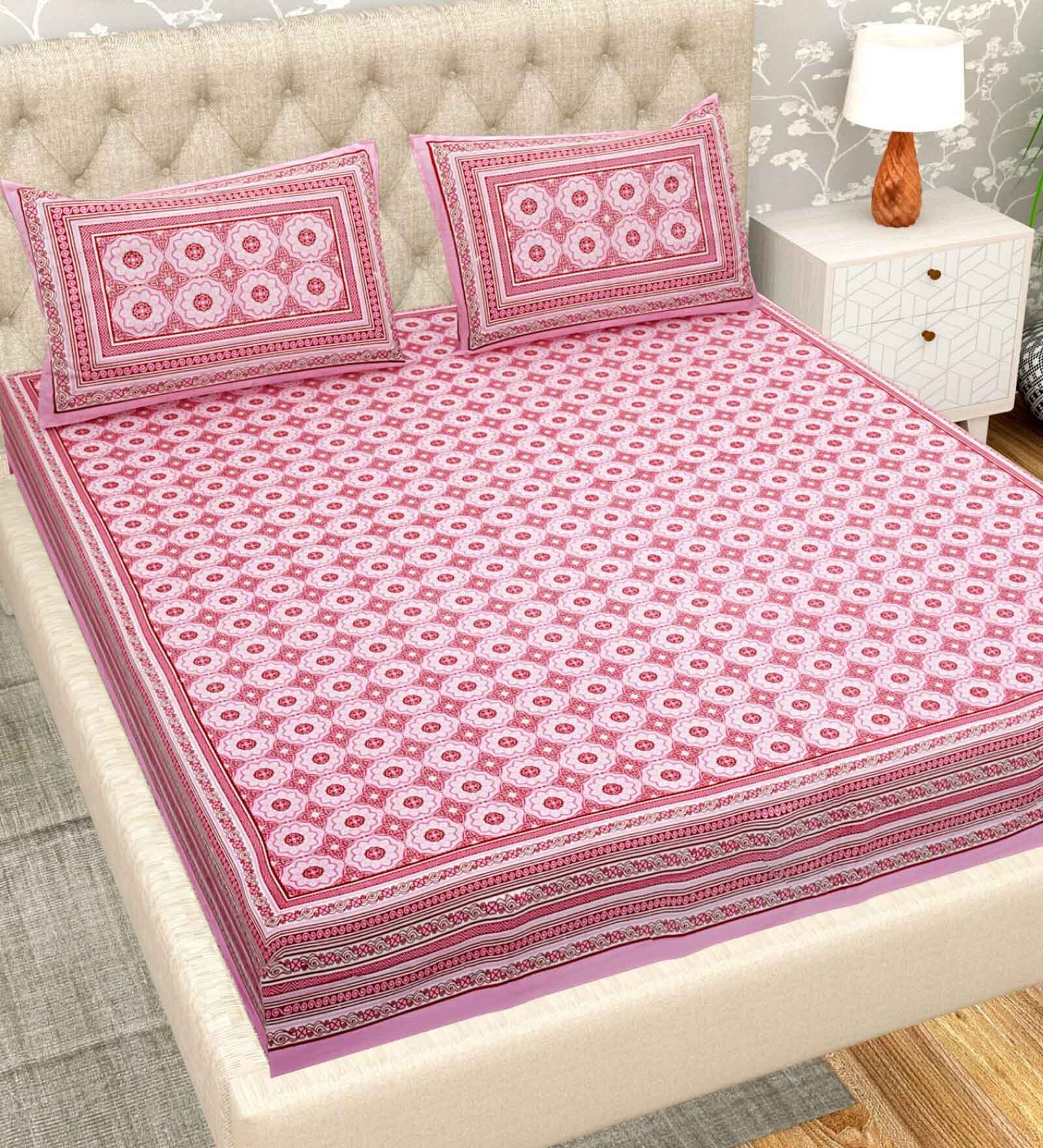 Buy Pink Geometric 400 TC Cotton King Size Bedsheet with 2 Pillow