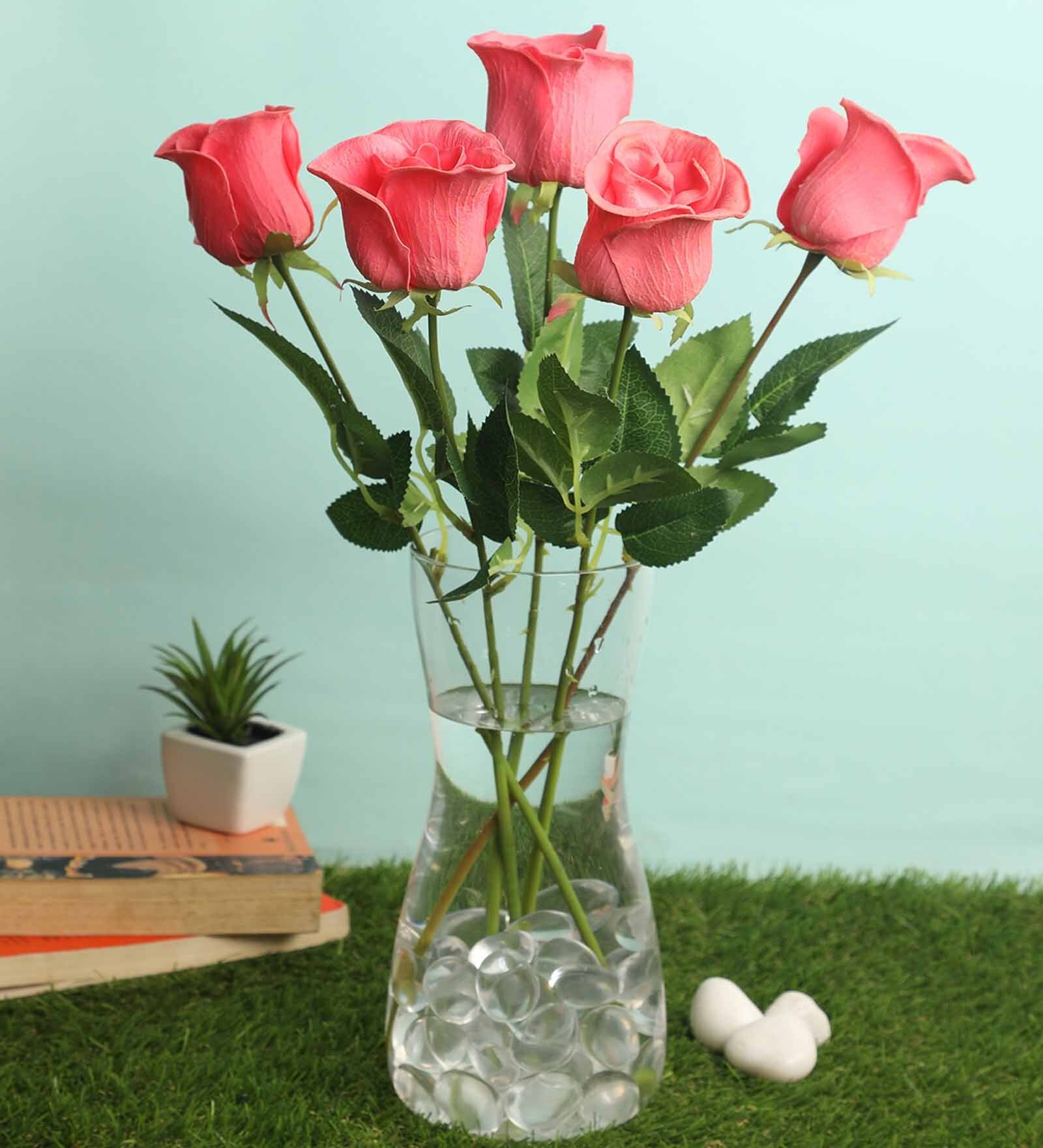 Buy Pink Polyurethane Rose Artificial Flower, Pack of 5 by Pollination