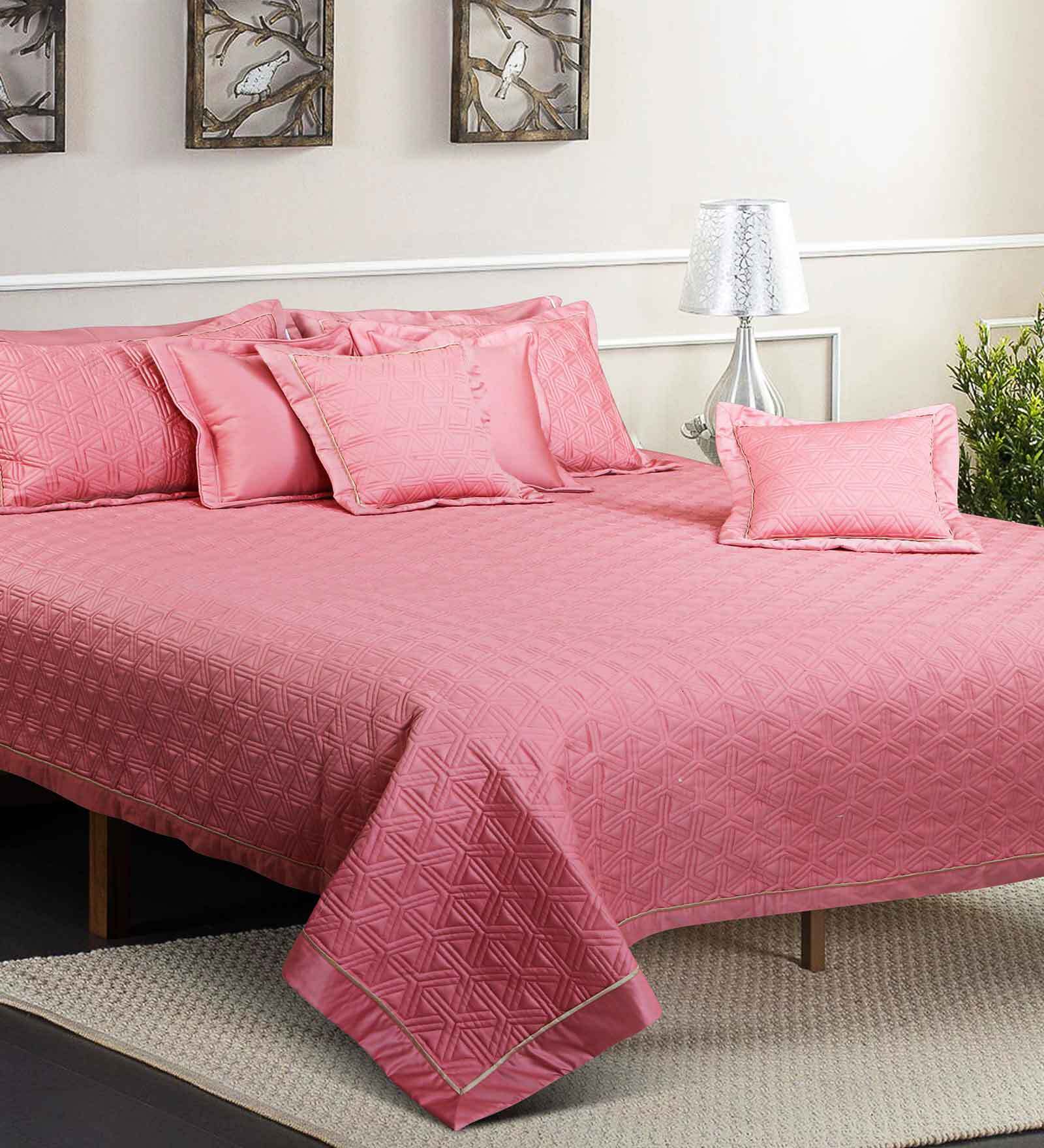 Buy Pink Solid 300 TC Cotton Quilted Double Bed Cover with 2 Pillow