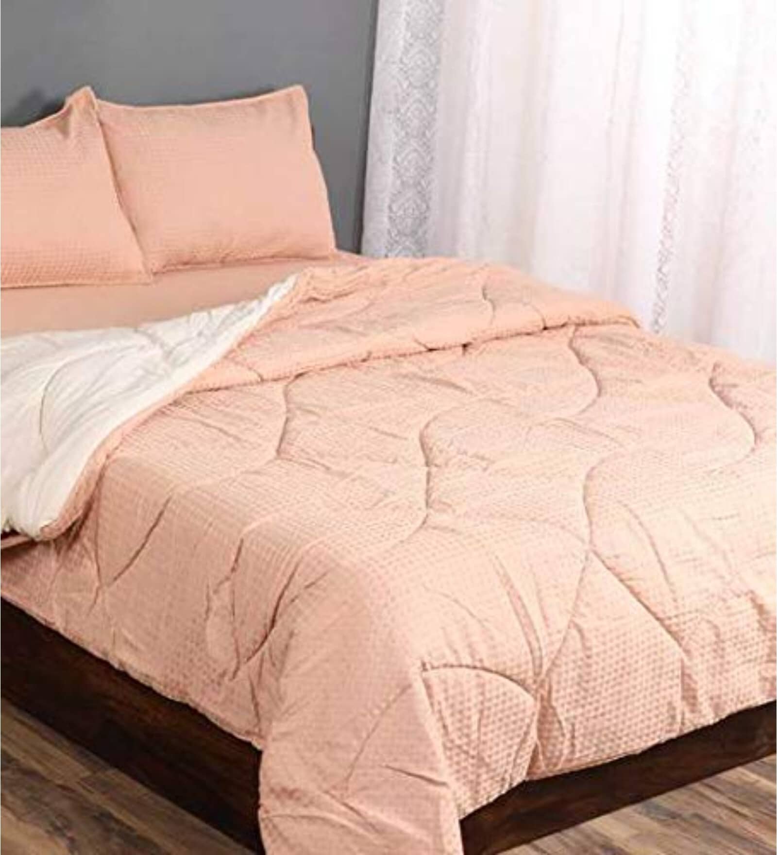 Buy Peach Solid 210 TC Cotton (Set of 4) Double Bed Bedding Sets by