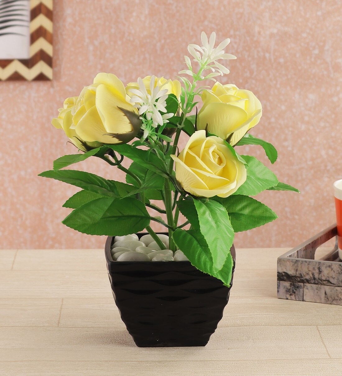 Buy Polyester Artificial Yellow Rose Plant with Melamine Pot by Foliyaj ...