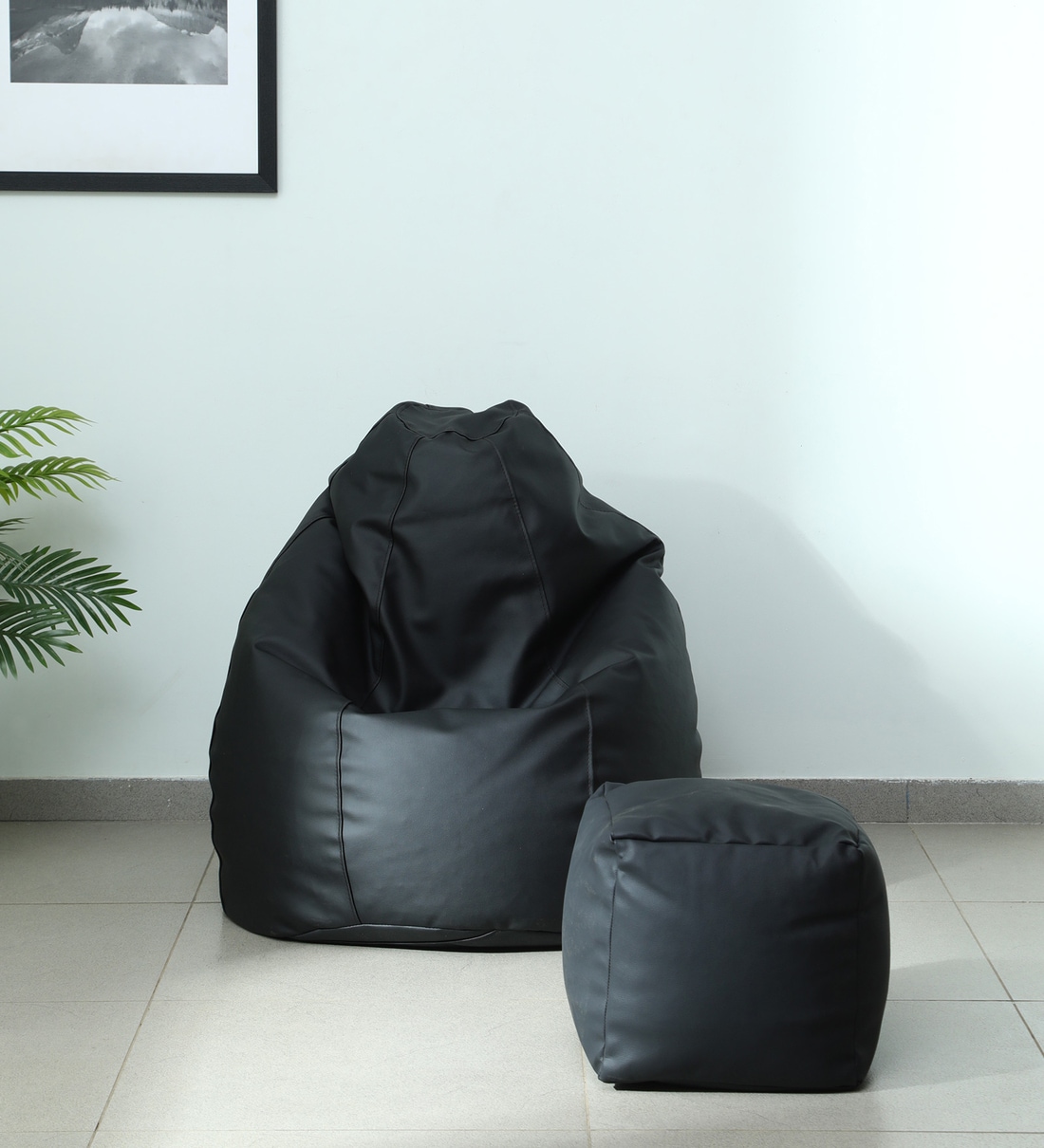 Buy Premium XXL Leatherette Bean Bag with Beans in Black Colour with