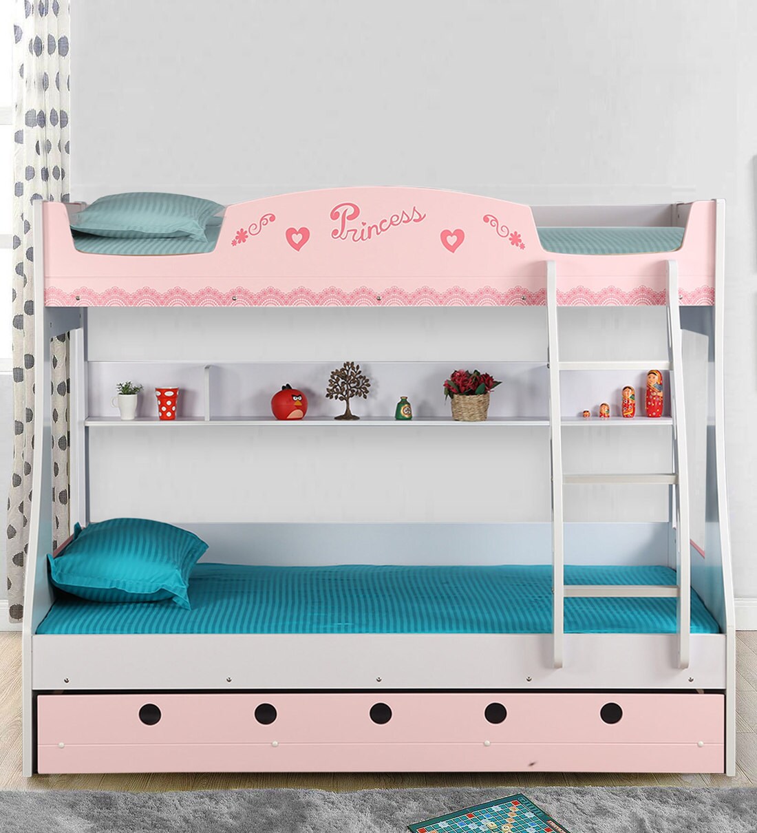 Buy Princess Bunk Bed in Pink & White Finish with Drawer Storage at 62