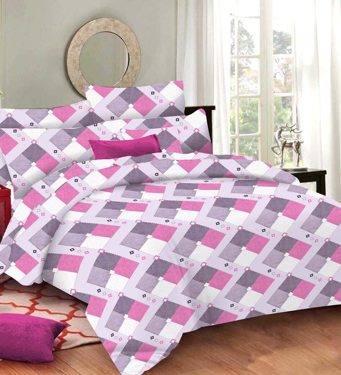 Buy Purple Geometric 116 TC 100% Cotton Queen Sized Bed Sheets with 2 ...