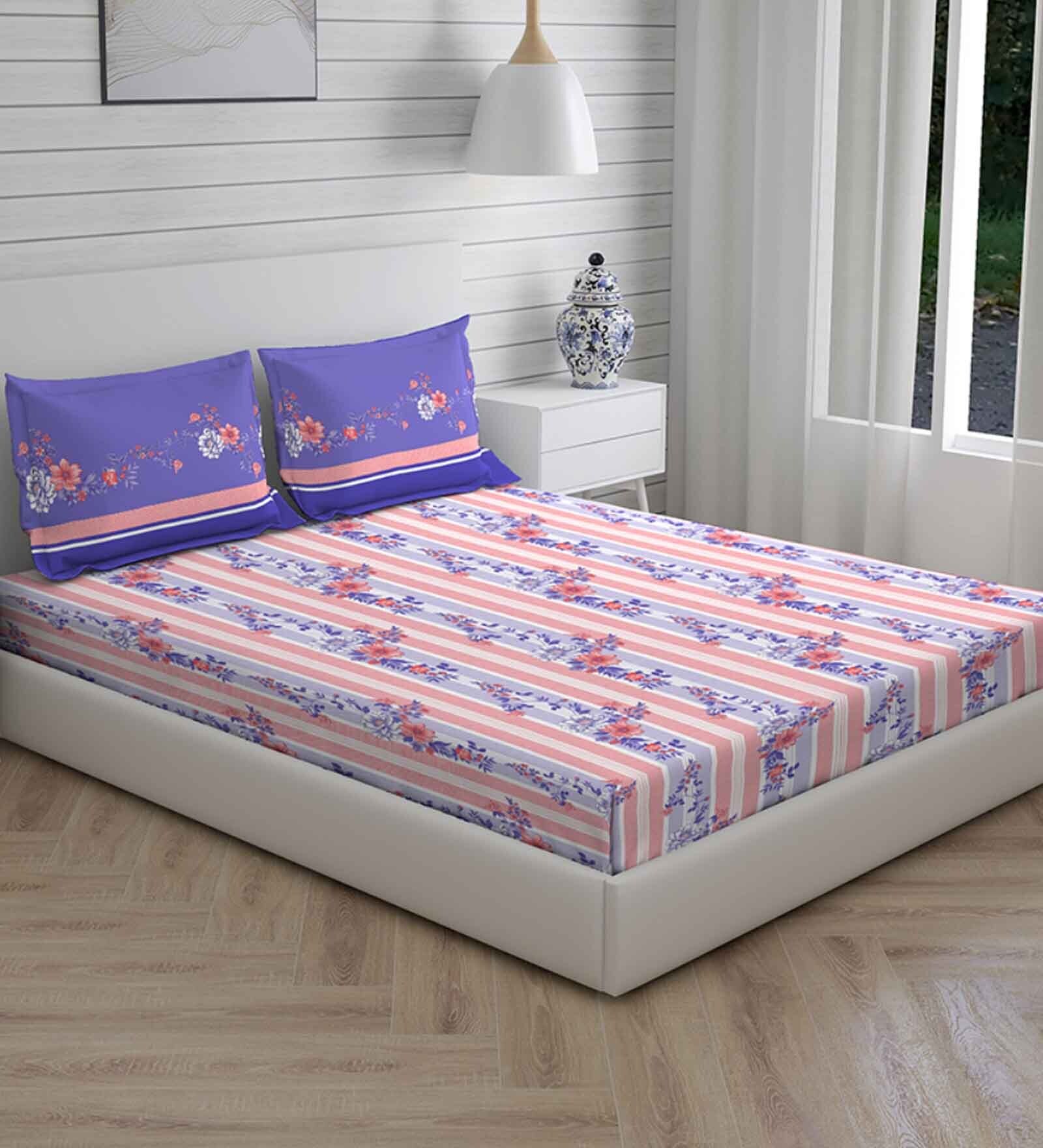 Buy Purple Floral 104 TC Cotton Queen Sized Bed Sheets with 2 Pillow