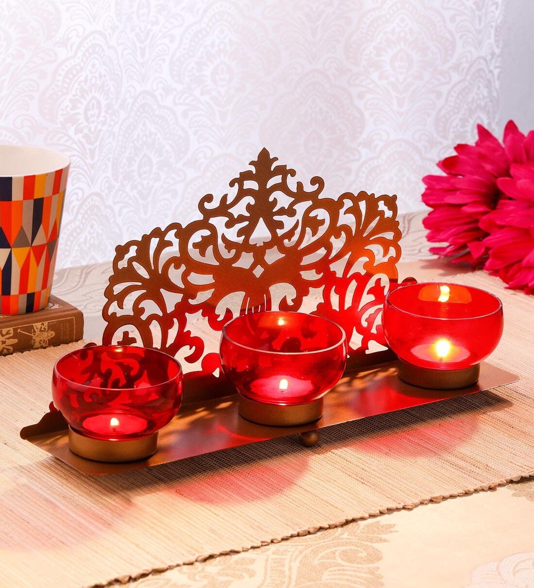 Buy Gold Metal Table Tea Light Holder by Dhatvi Online Table Tea