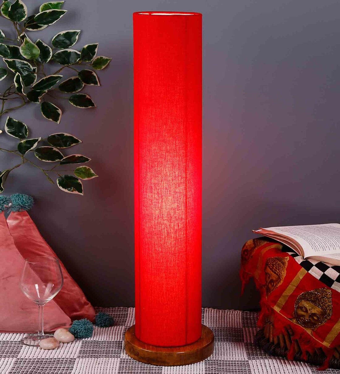 Buy Shubra Red Cotton Shade Column Floor Lamp With Wood Base By New Era