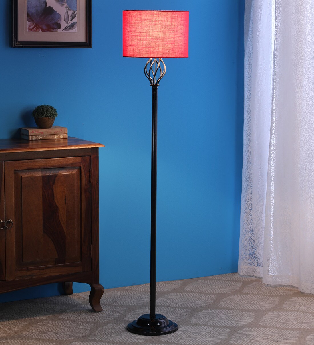 Buy Red Fabric Shade Floor Lamp with Black Base by Tu Casa Online