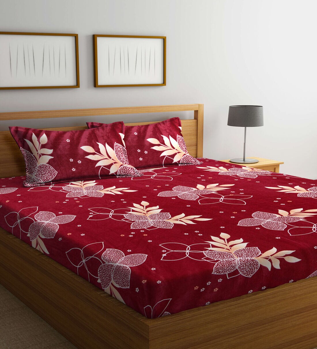 Buy Red Floral 200 TC Flannel King Sized Bed Sheets with 2 Pillow