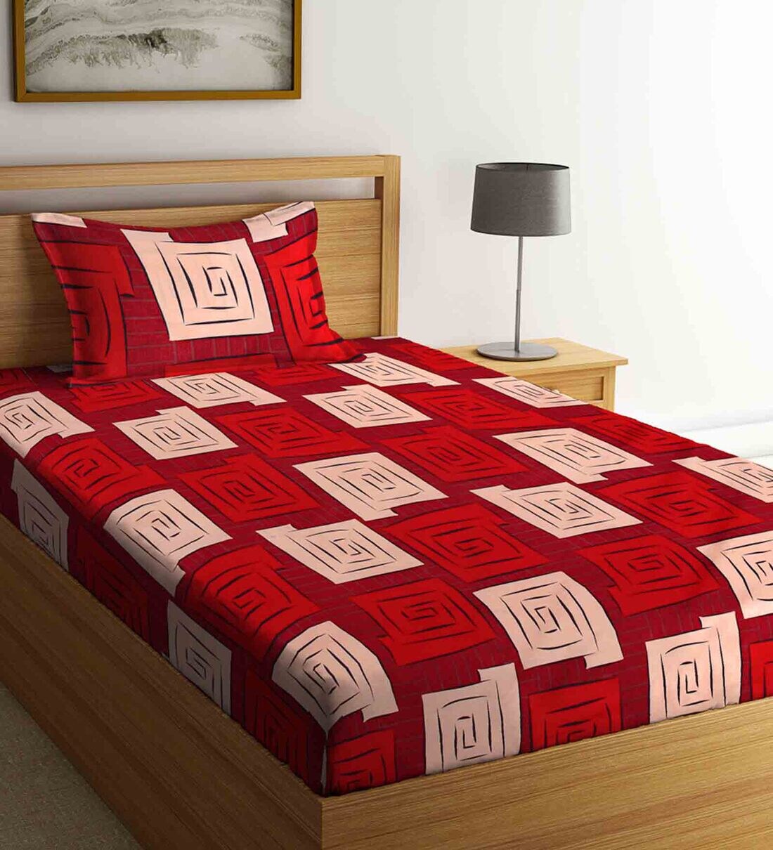 Buy Red Geometric 300 TC Cotton Blend Single Bed Sized Bed Sheets With 1 Pillow Cover by Arrabi