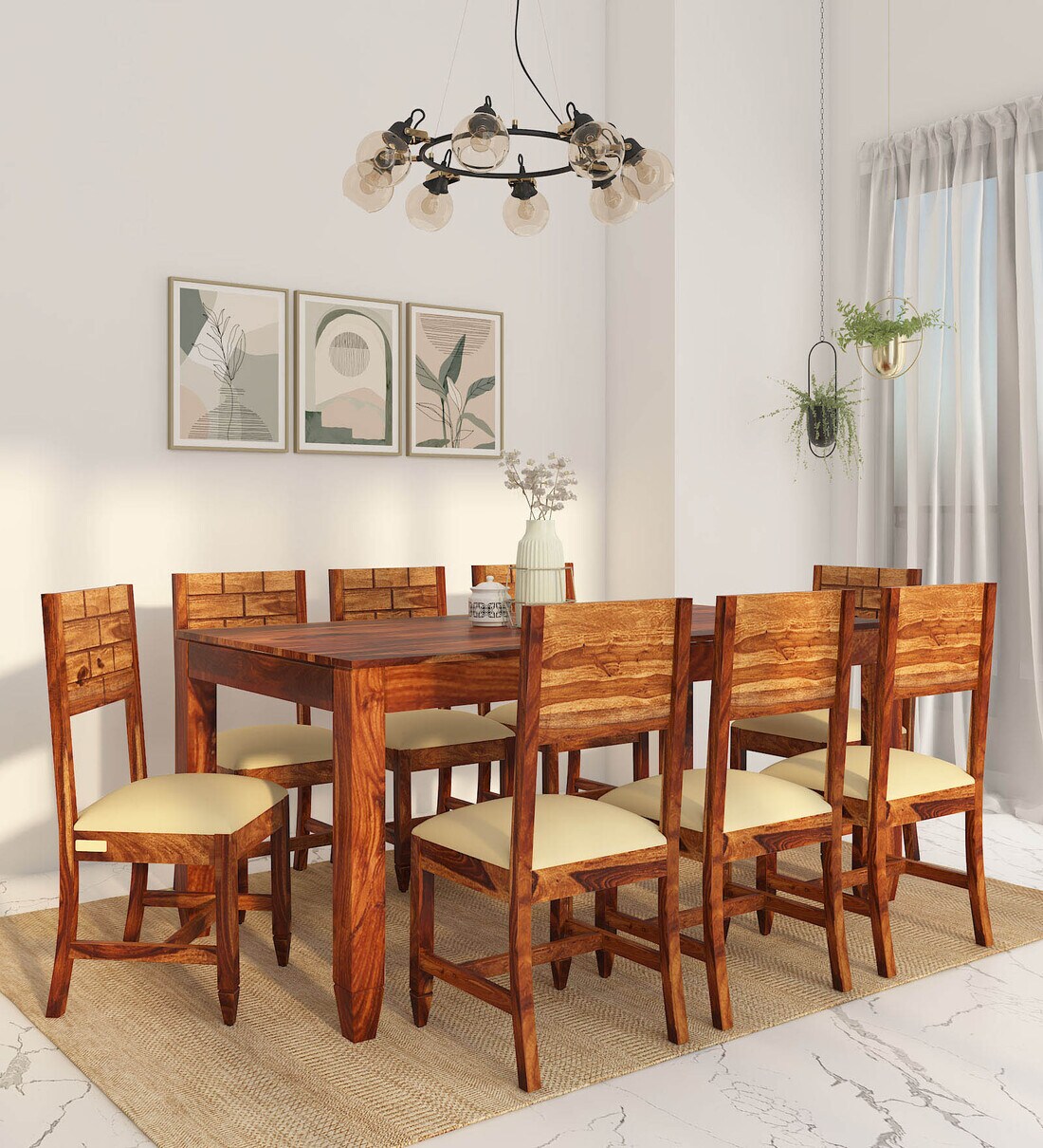 Buy Rezzan Sheesham Wood 8 Seater Dining Set In Rustic Teak Finish at