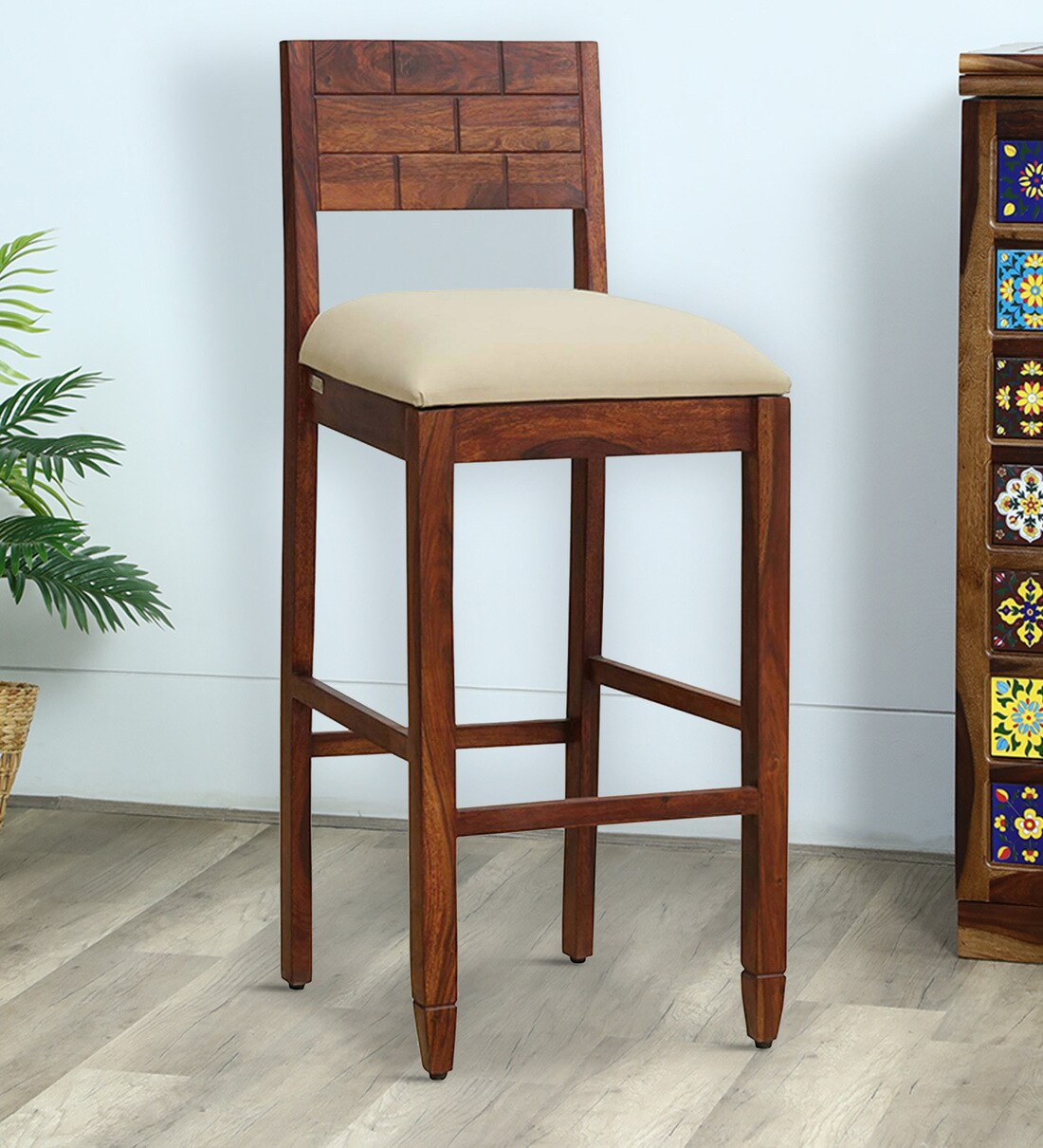 Buy Rezzan Sheesham Wood Full Back Bar Stool In Honey Oak Finish Online