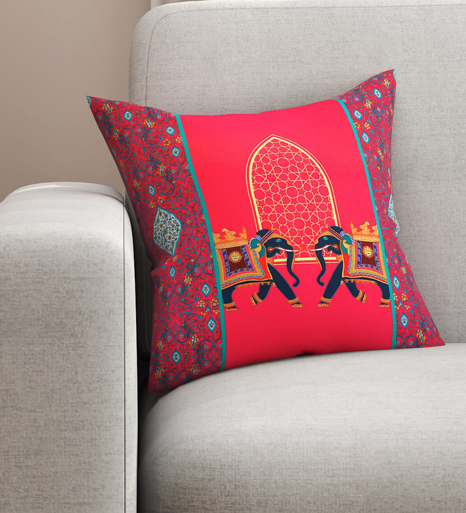 Buy Red Traditional Elephant Printed Poly Cotton 16 x 16 Inches Cushion Cover by SEJ By Nisha