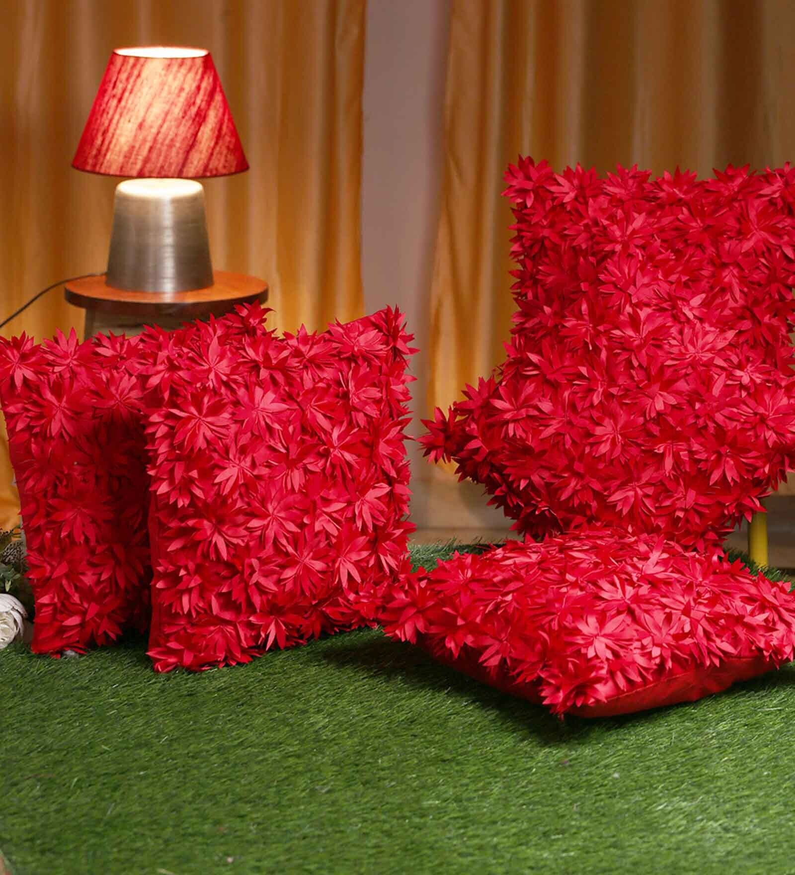 Buy Red Embroidered Polyester 16X16 Inches Cushion Cover (Set of 5) by