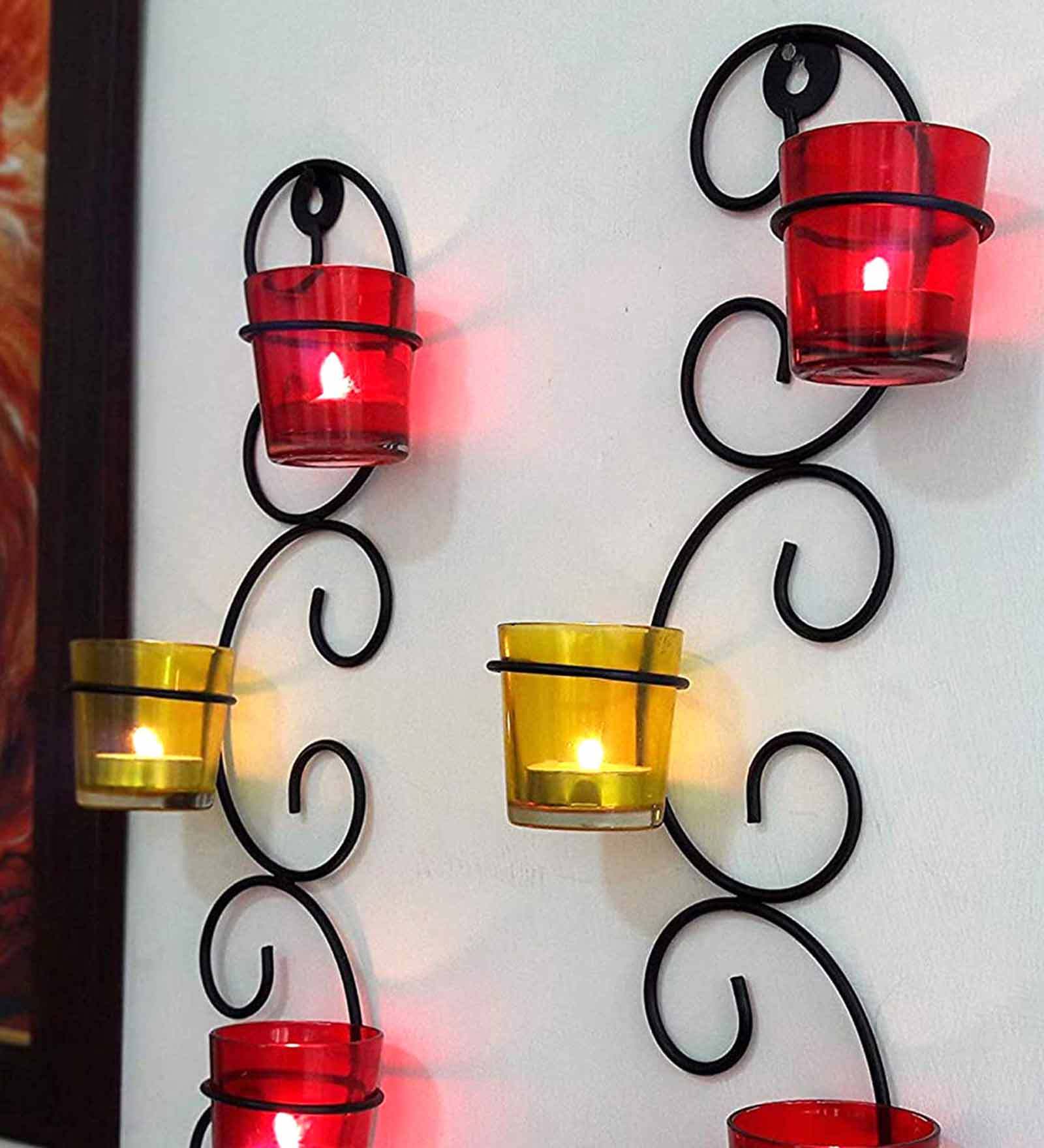 Buy Red Glass Set Of 2 Wall Hanging Stand With 6 Votive Tealight Candle