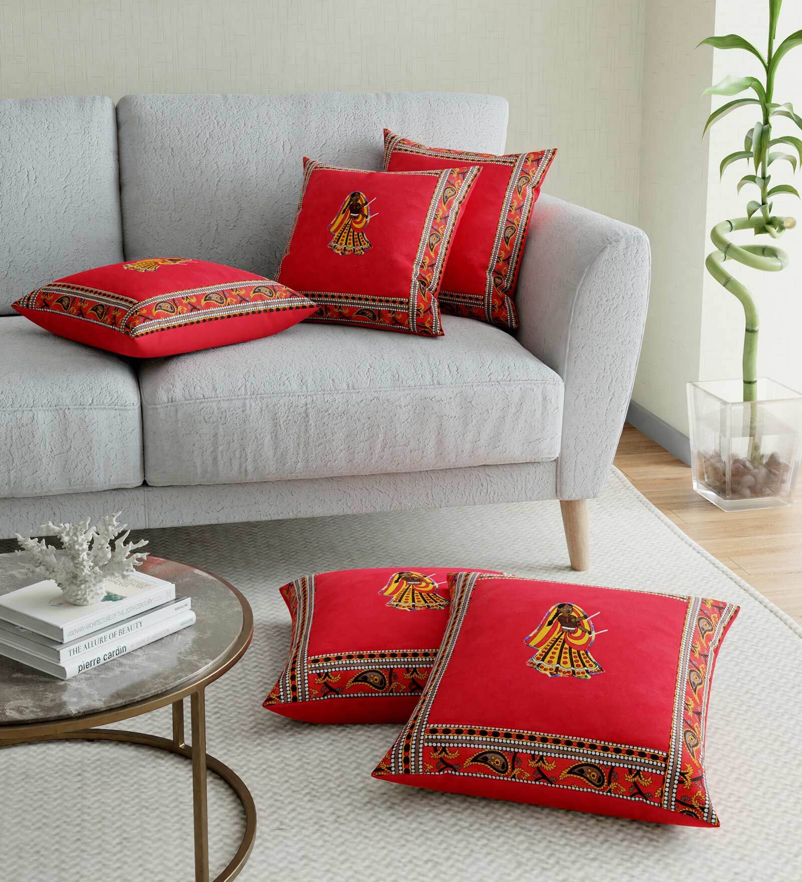 Buy Red Traditional Cotton Embroidered Cushion Cover by JAIPUR FABRIC