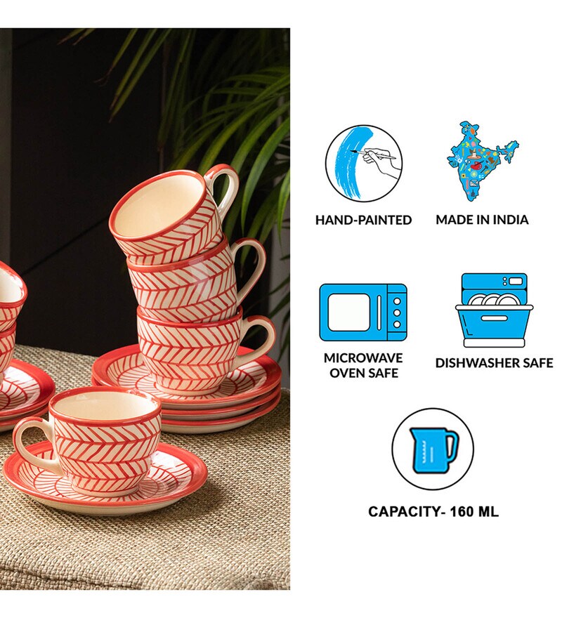 Buy Chevrons 160Ml Red & White Ceramic (Set Of 12) Tea Cup & Saucer Set At  43% Off By Exclusivelane | Pepperfry