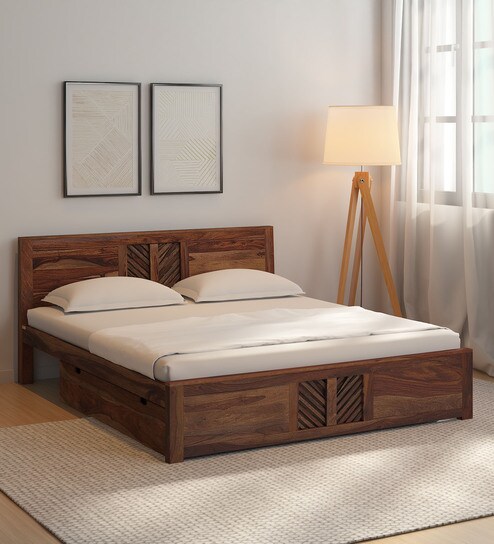 Buy Tourconing Sheesham Wood King Size Bed In Rustic Teak Finish With ...