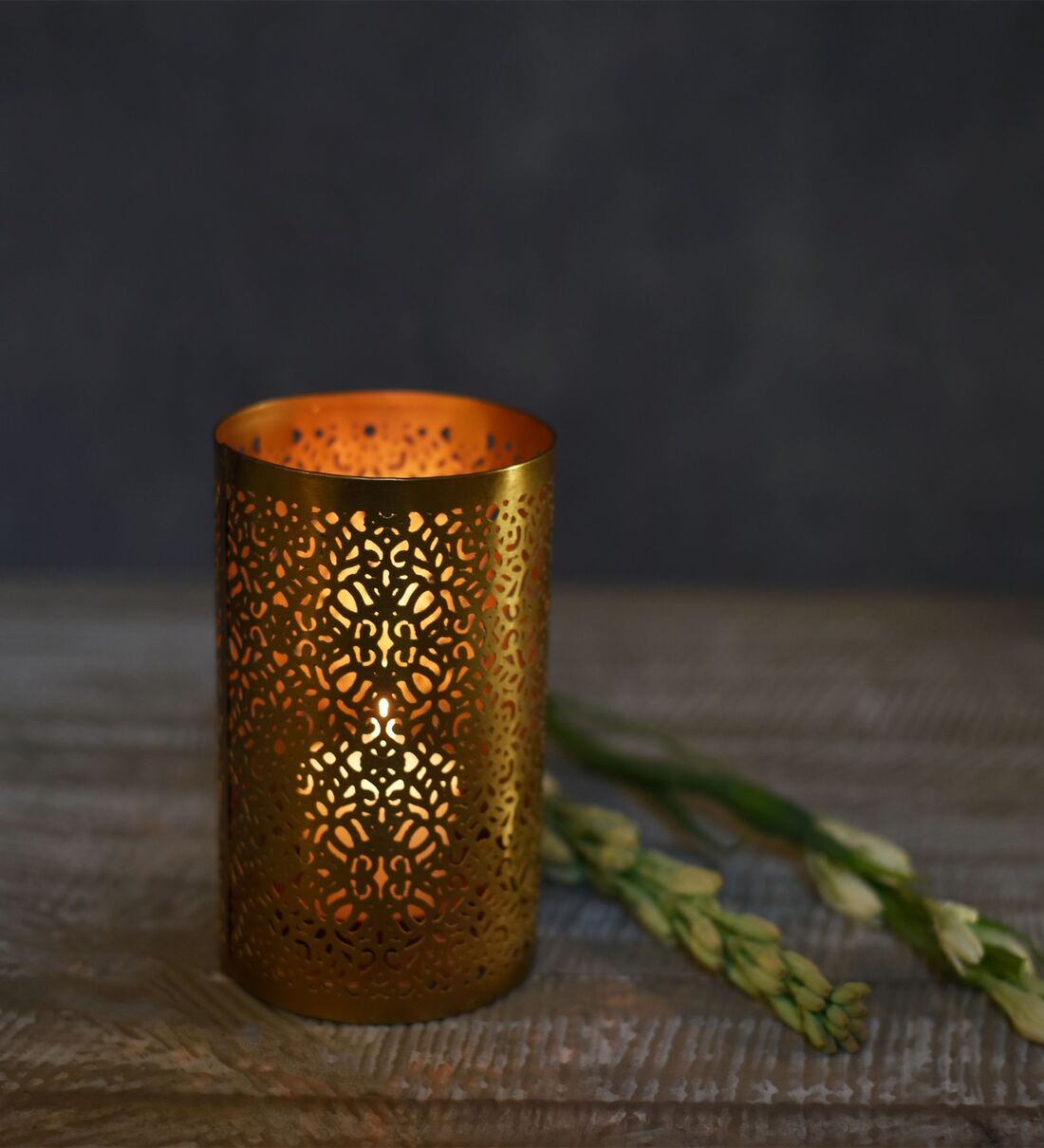 Buy Roshni Jaali Gold Iron & Glass Candle Holder by Citilites Online