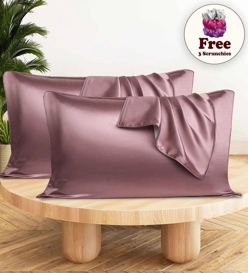 Rose Pink 400 TC Silk 2 Pillow Covers With 3 Assorted Scrunchie Free Offers & Cashback