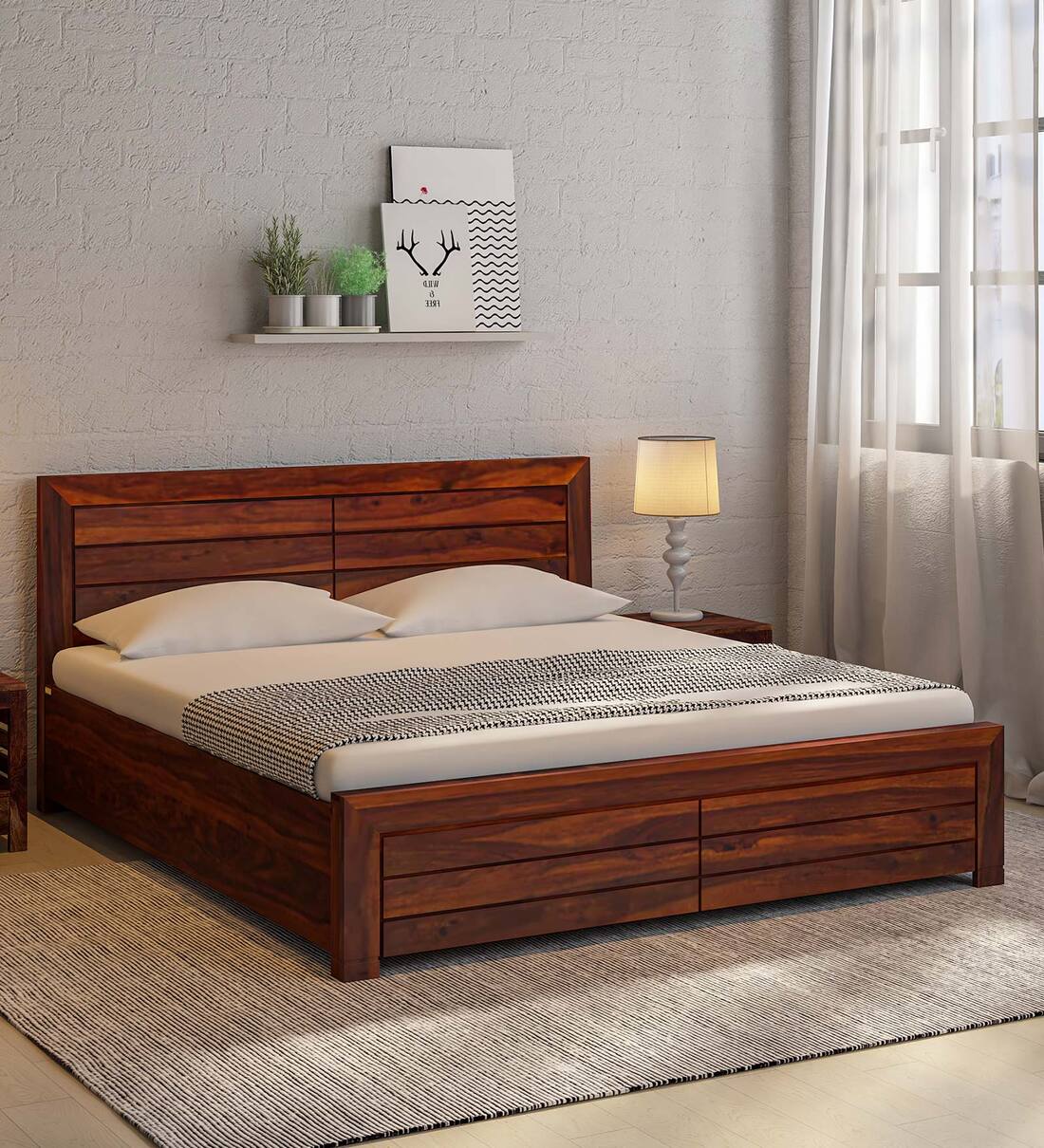 Buy Segur Sheesham Wood King Size Bed In Honey Oak Finish With Box ...