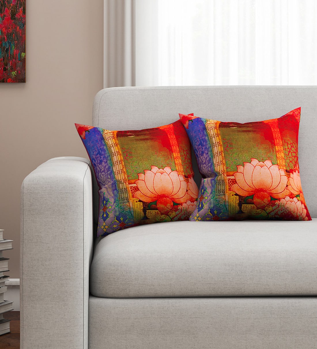 Buy Orange Floral Cotton 16 x 16 Inches Cushion Covers (Set of 2) by