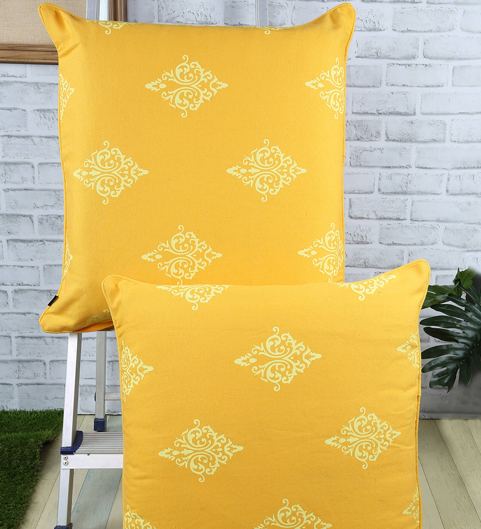 Buy Yellow Traditional Cotton 24 x 24 Inches Cushion Covers (Set of 2) by Soumya Online