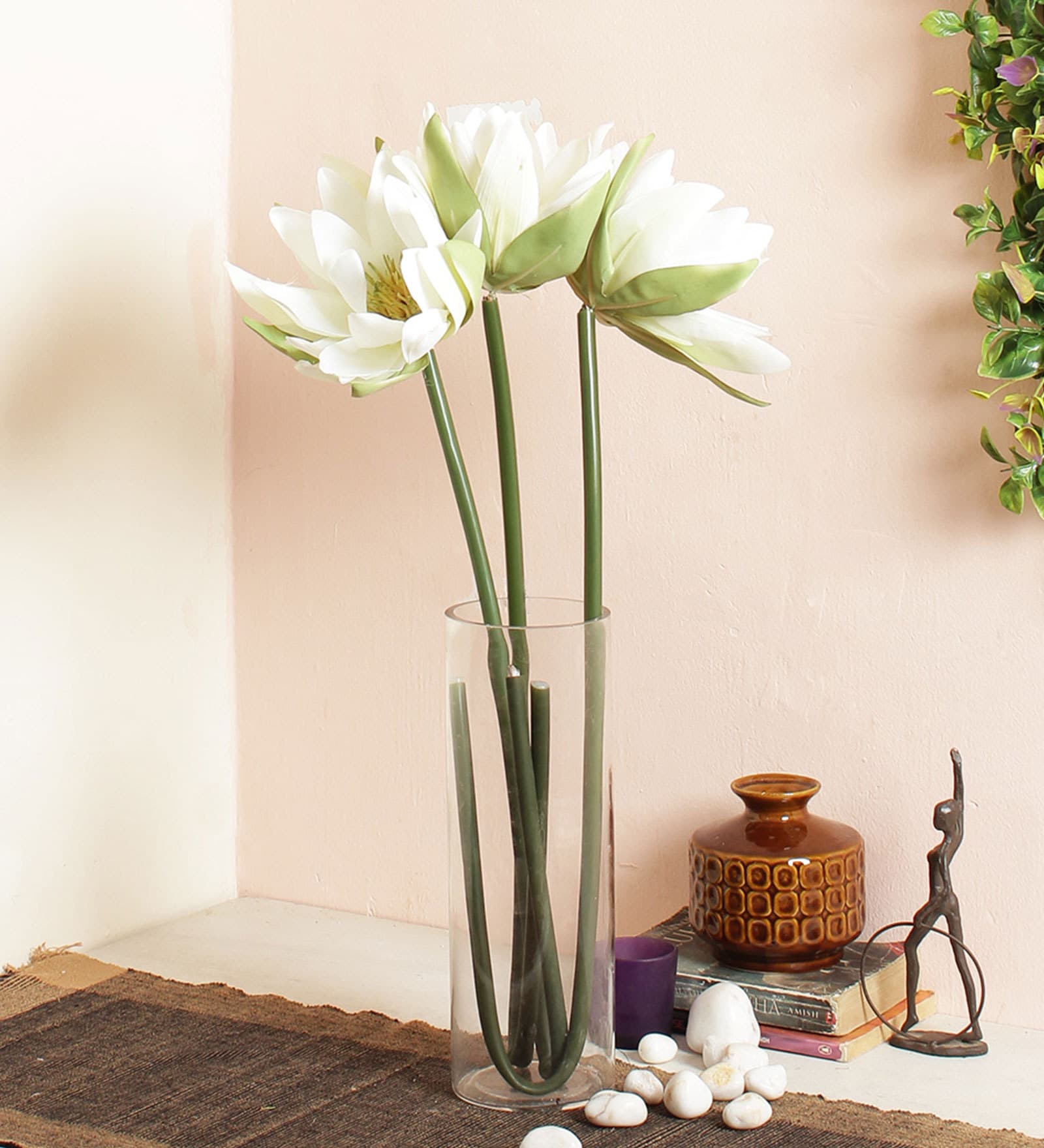 Buy White Fabric & Plastic Single Lotus Artificial Flowers Online